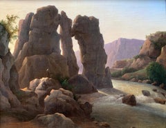 Evening in a Rocky Landscape with Torrent. Romanticism was painting. 19th century