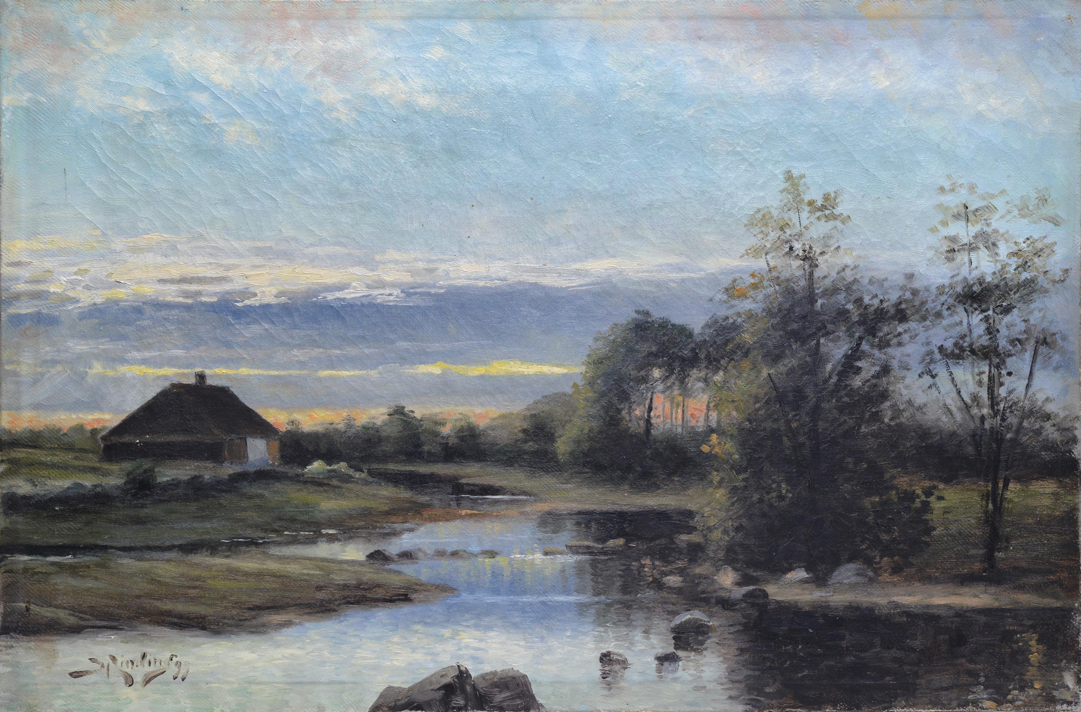 Evening Twilight on River 1899 Scandinavian Oil Painting on Canvas Signed Framed - Brown Landscape Painting by Unknown