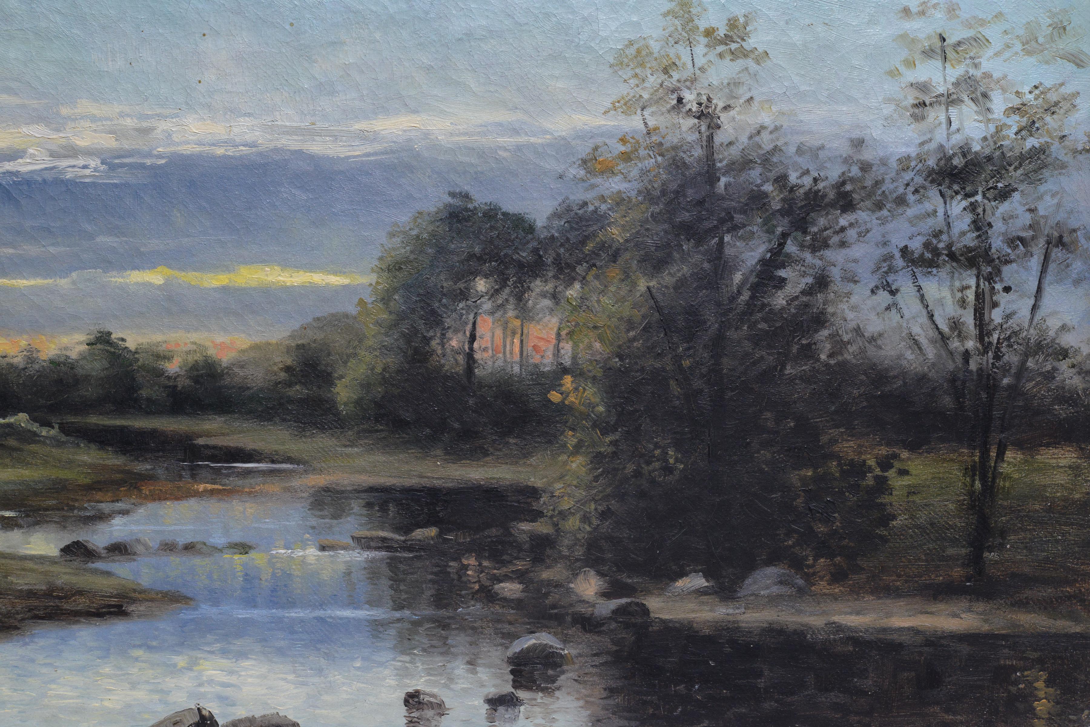 Abend Twilight on River 1899 Skandinavisches Ölgemälde auf Leinwand Signiert gerahmt (Realismus), Painting, von Unknown