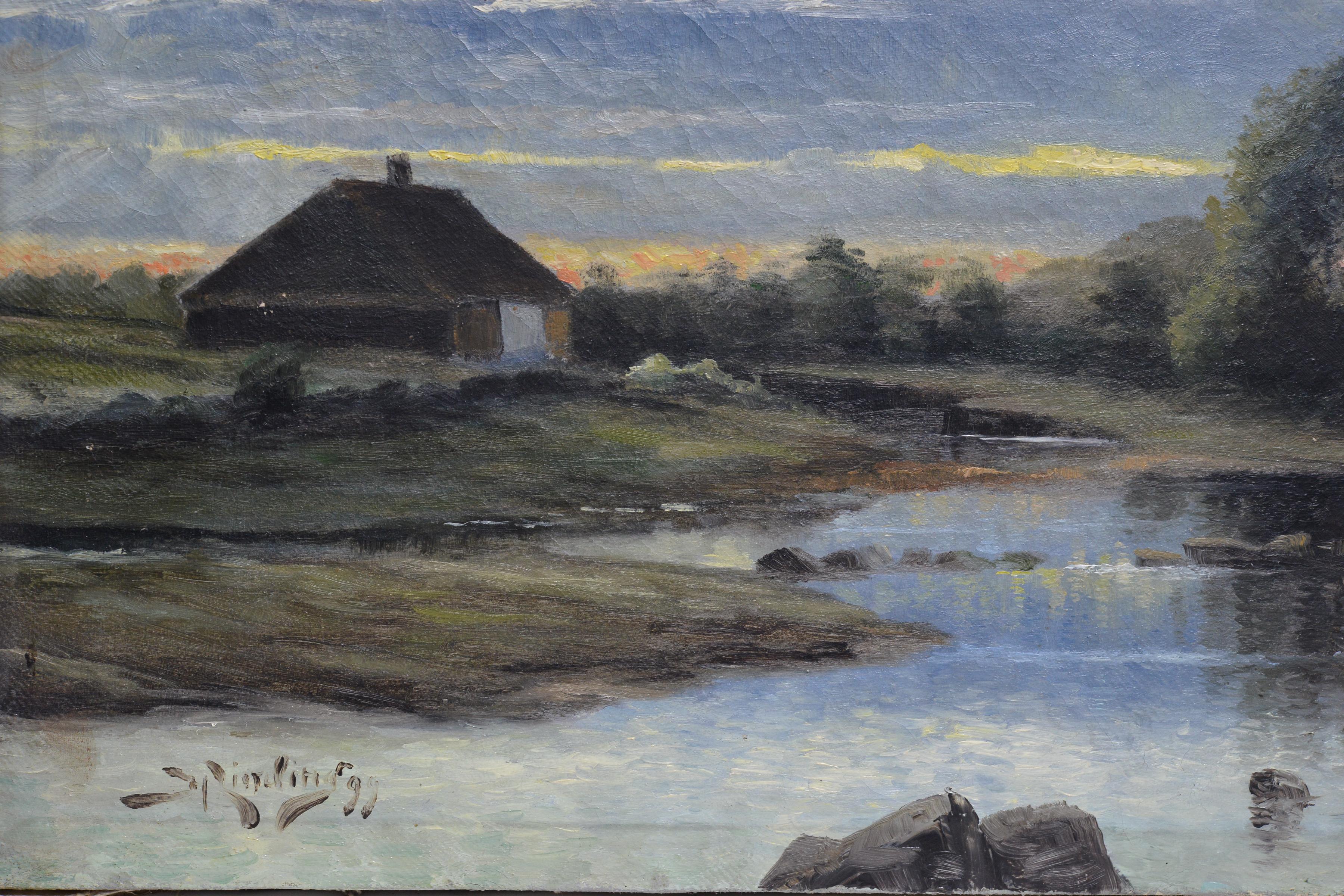Abend Twilight on River 1899 Skandinavisches Ölgemälde auf Leinwand Signiert gerahmt (Braun), Landscape Painting, von Unknown