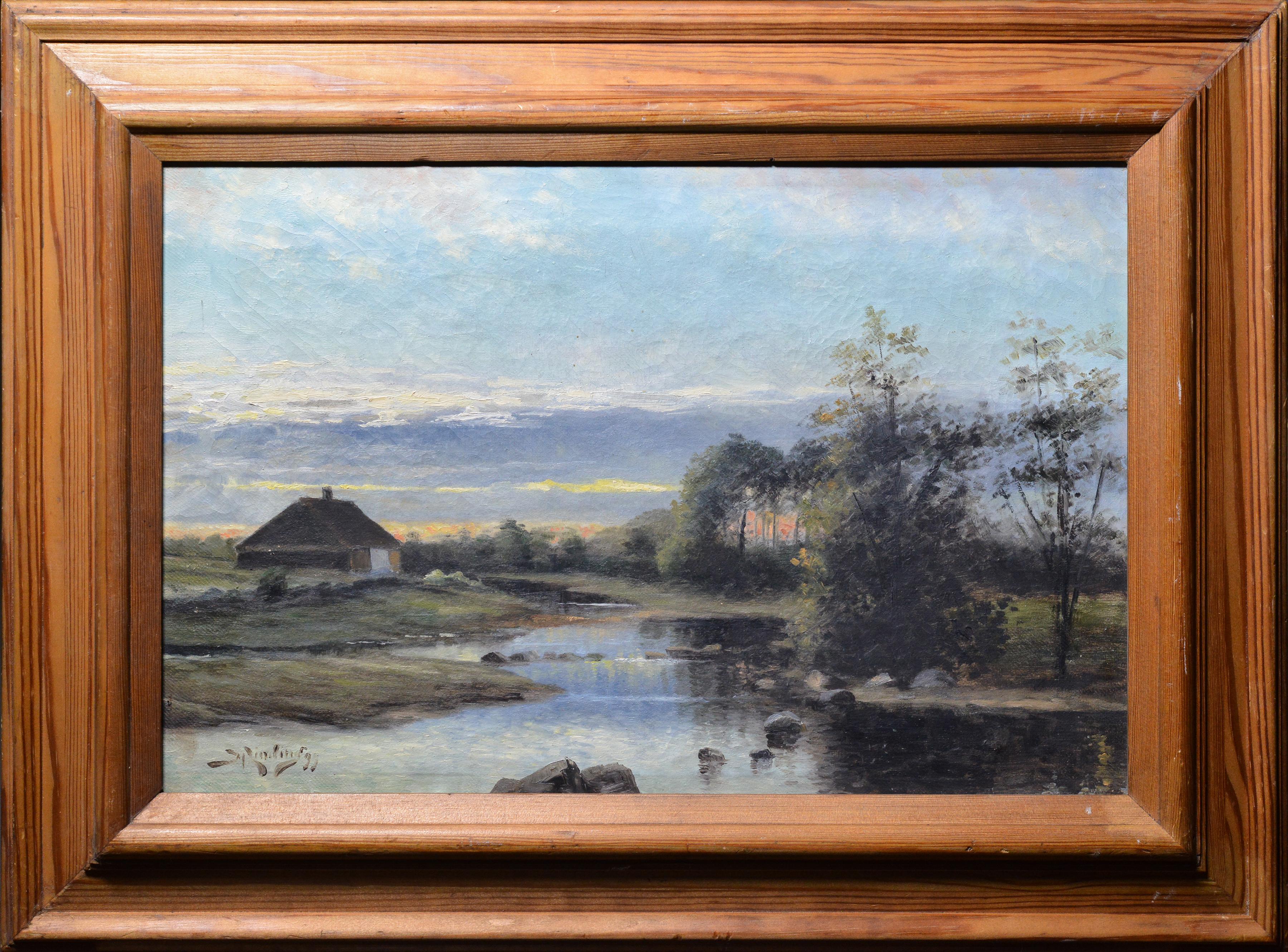 Peinture à l'huile scandinave du soir Twilight on River 1899, signée et encadrée