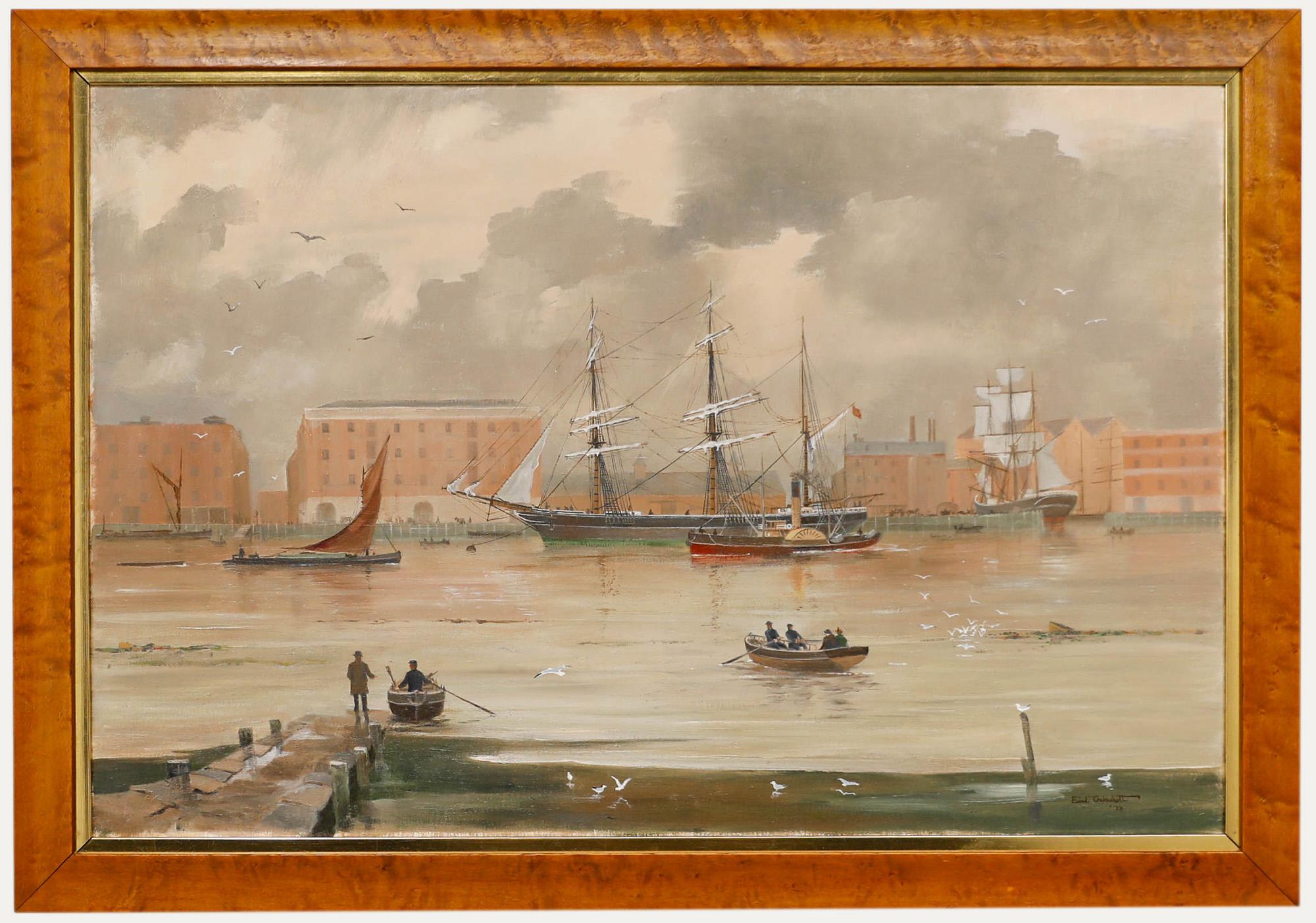 Landscape Painting di Unknown - Ewart Oakeshott (1916-2002)  - 1977 Petrolio, Docks di Liverpool
