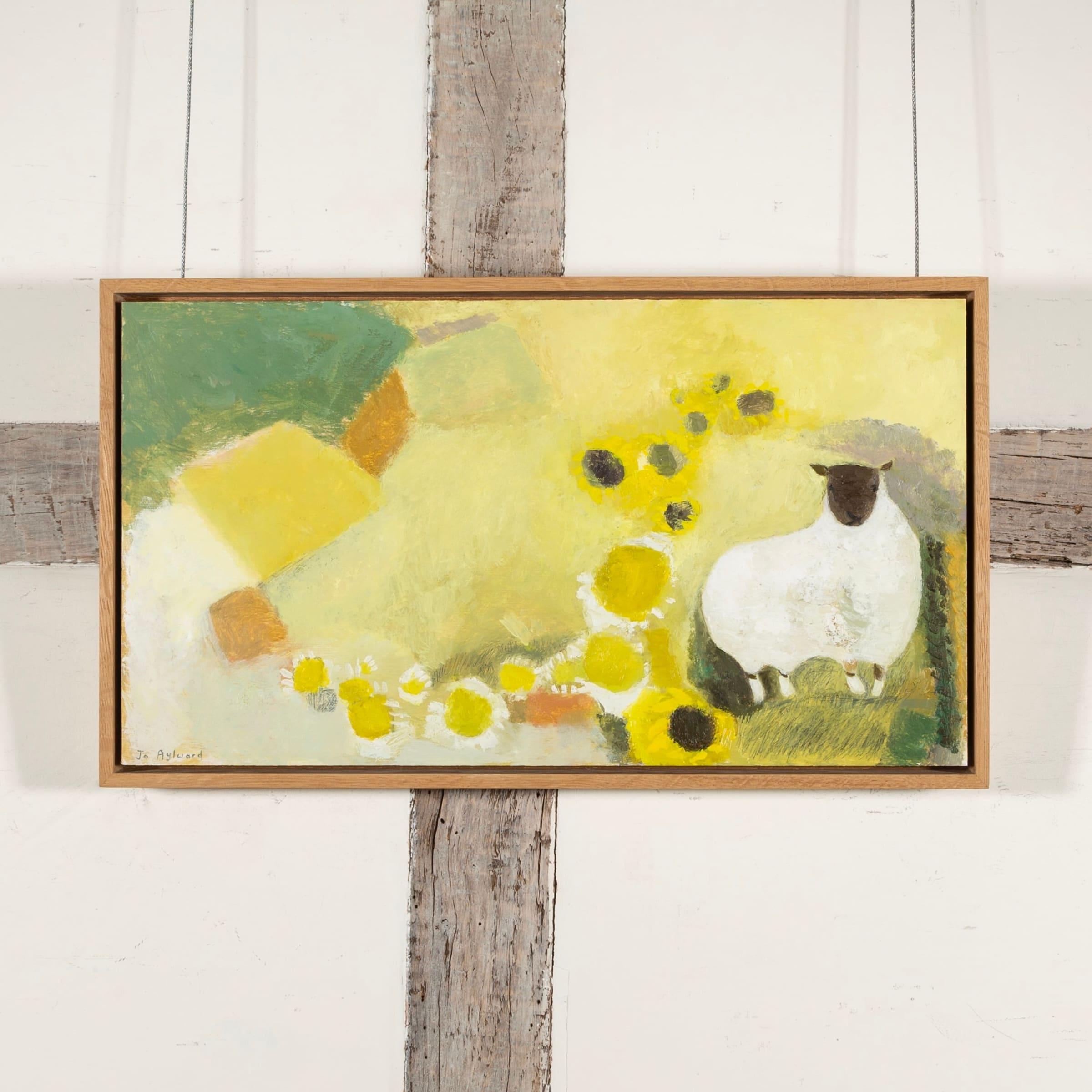 Ewe in a Sunflower Field, Öl auf Tafel, Gemälde von Jo Aylward, 2023 – Painting von Unknown