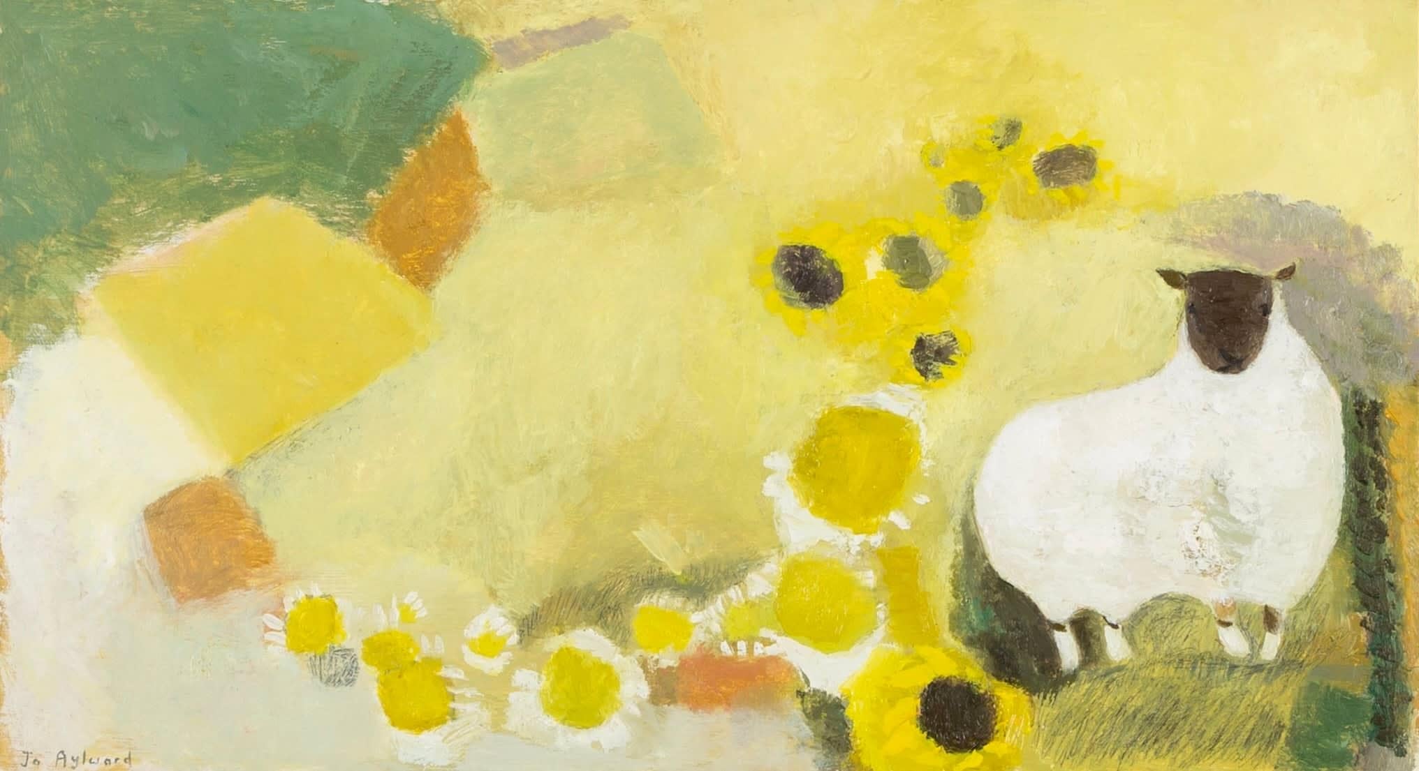 Unknown Animal Painting - Ewe in a Sunflower Field, Oil on Panel Painting by Jo Aylward, 2023