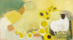 Ewe in a Sunflower Field, Oil on Panel Painting by Jo Aylward, 2023