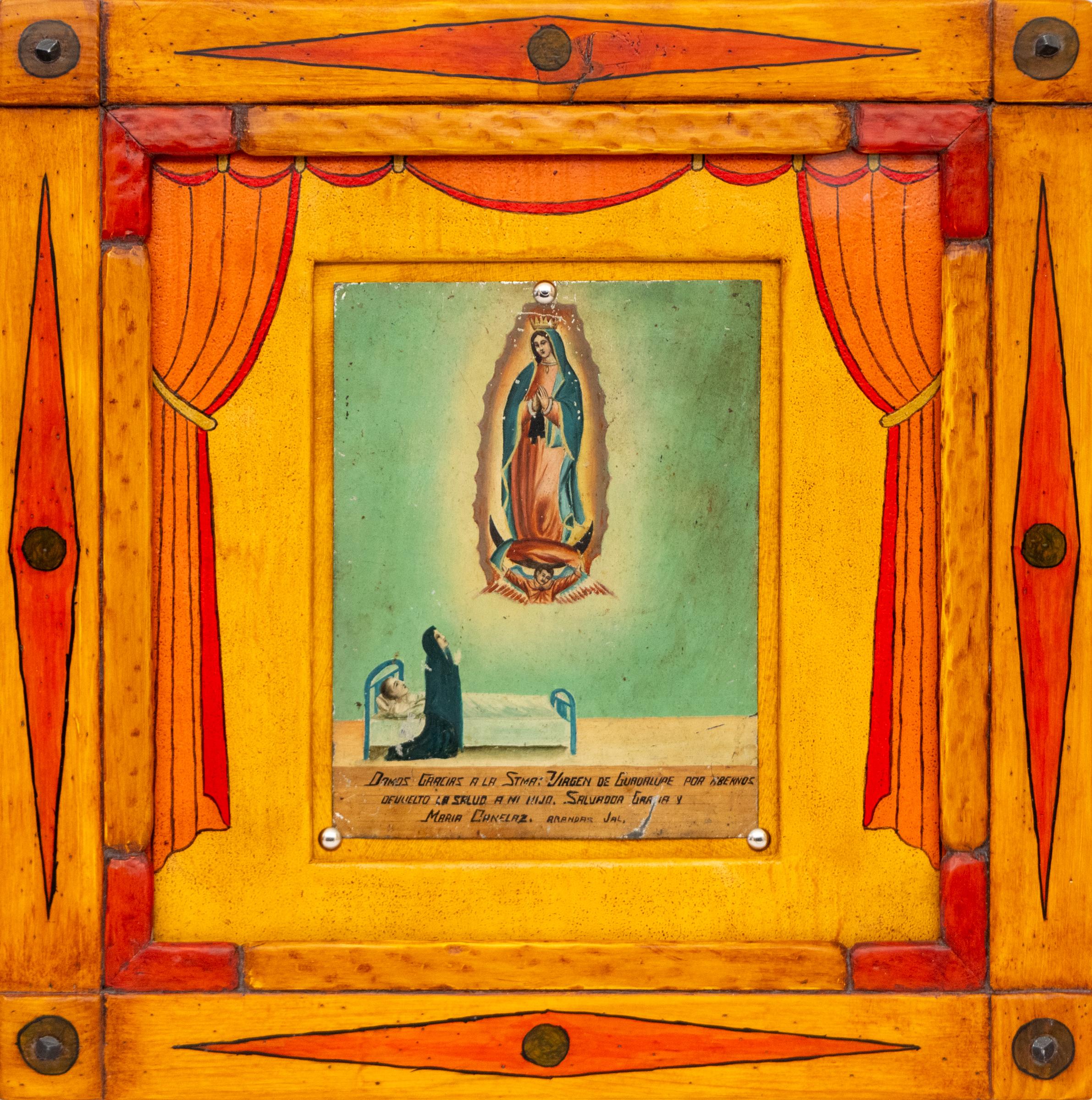 Ex Voto Sacro tributo per la guarigione di un figlio, Retablo metallico a inchiostro e vernice del 1940 - Painting di Unknown