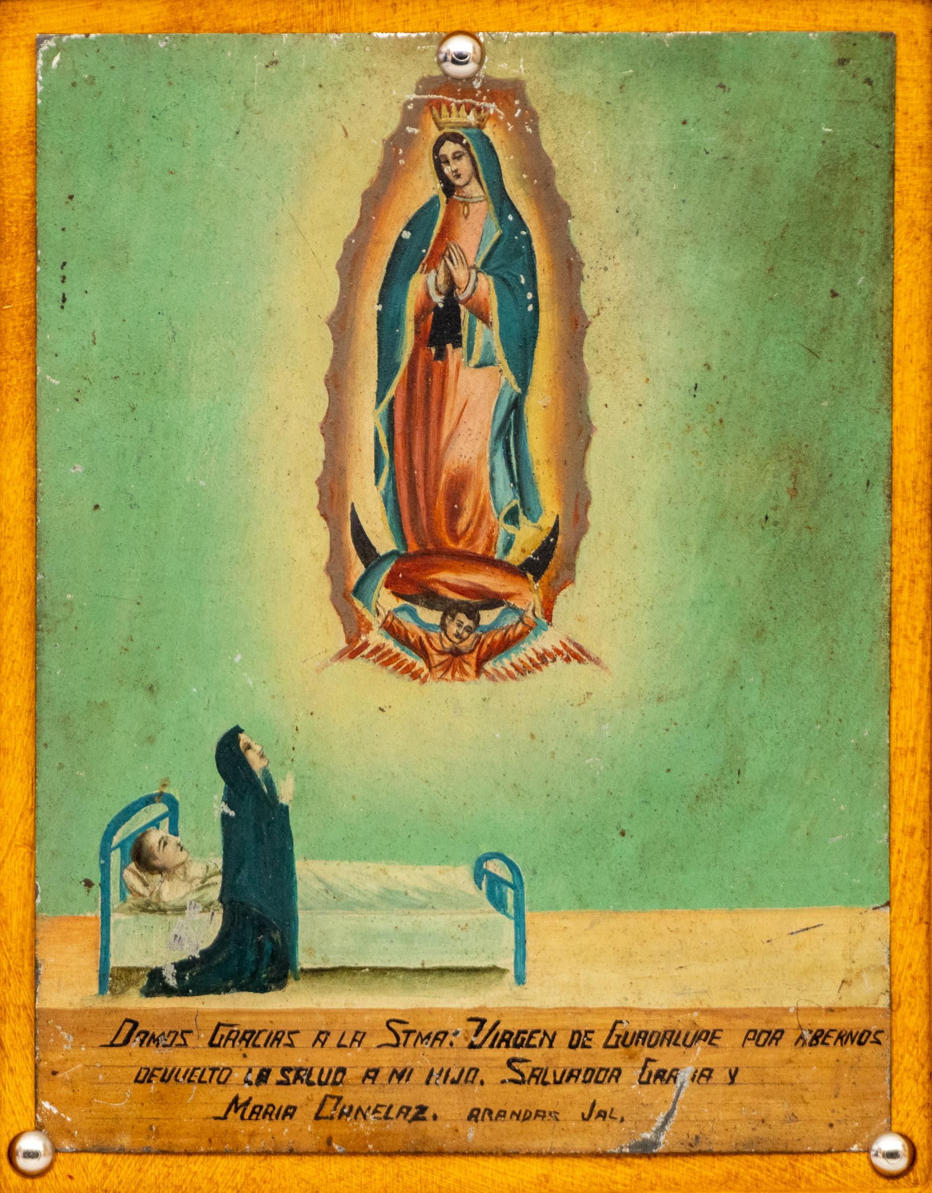 Ex Voto Santo Tributo por la Curación de un Hijo, 1940s Tinta y Pintura Metall Retablo