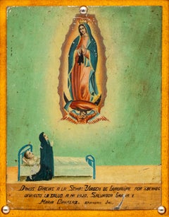 Ex Voto Santo Tributo por la Curación de un Hijo, 1940s Tinta y Pintura Metall Retablo