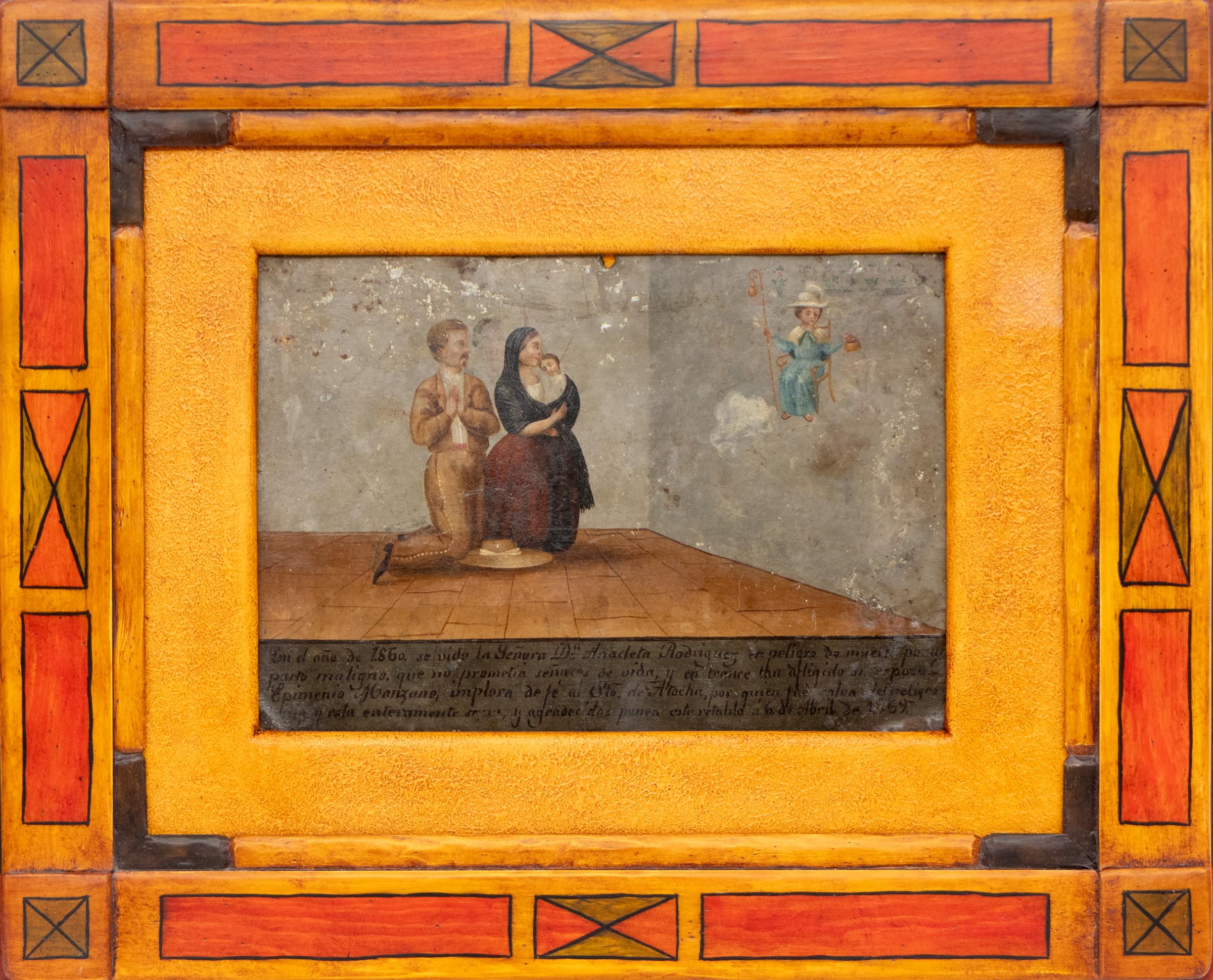 Ex Voto; Miraculous Intervention of a Difficult Pregnacy, 19. Jahrhundert Retablo – Painting von Unknown