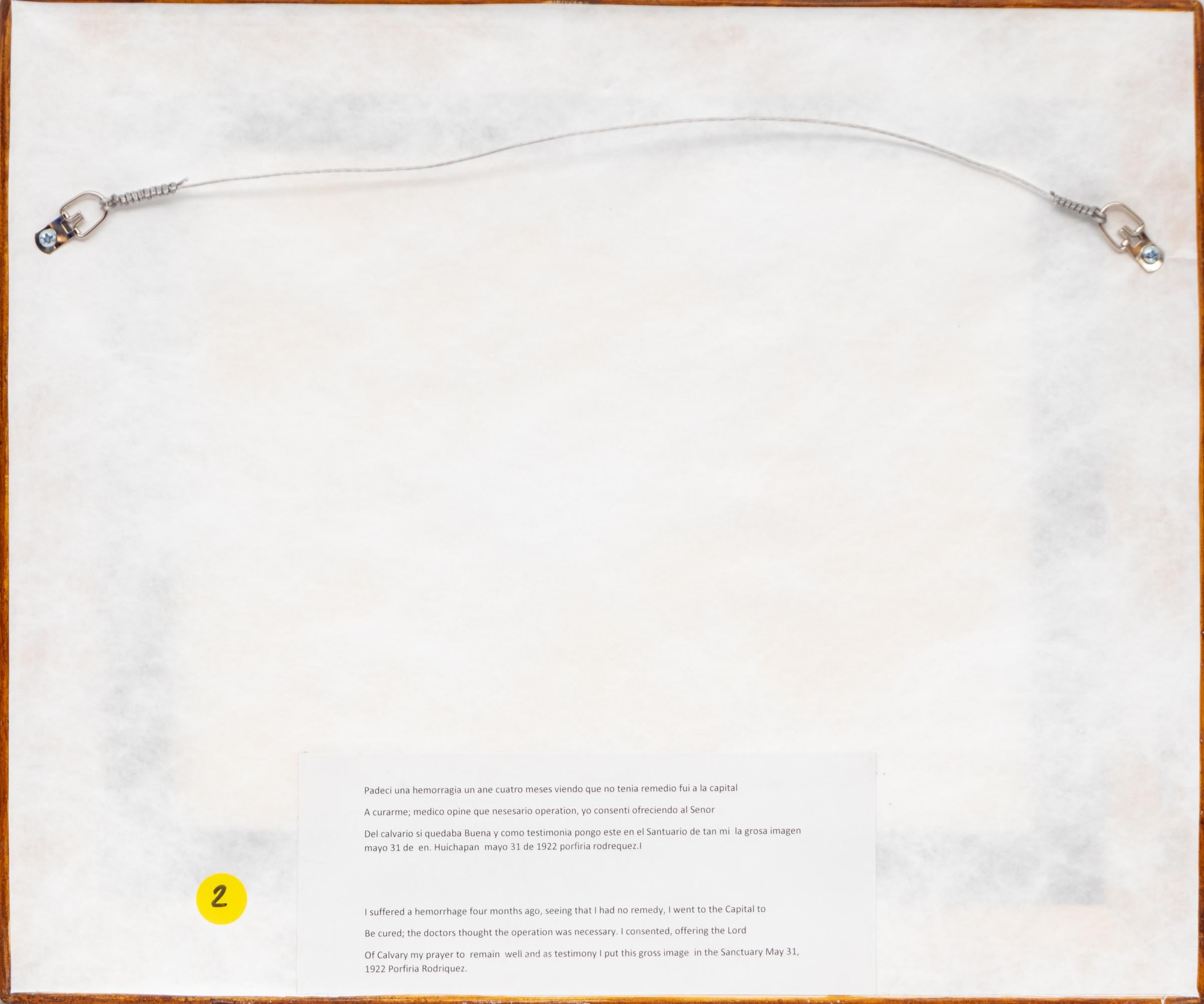 Ex Voto; Santo tributo per il ritorno alla buona salute. Olio su latta con inchiostro, 31 maggio 1922, dell'artista messicano V.I.Cervantes con una cornice contemporanea personalizzata intagliata a mano dall'artigiano Michael Blatnik.  Ex-Voto