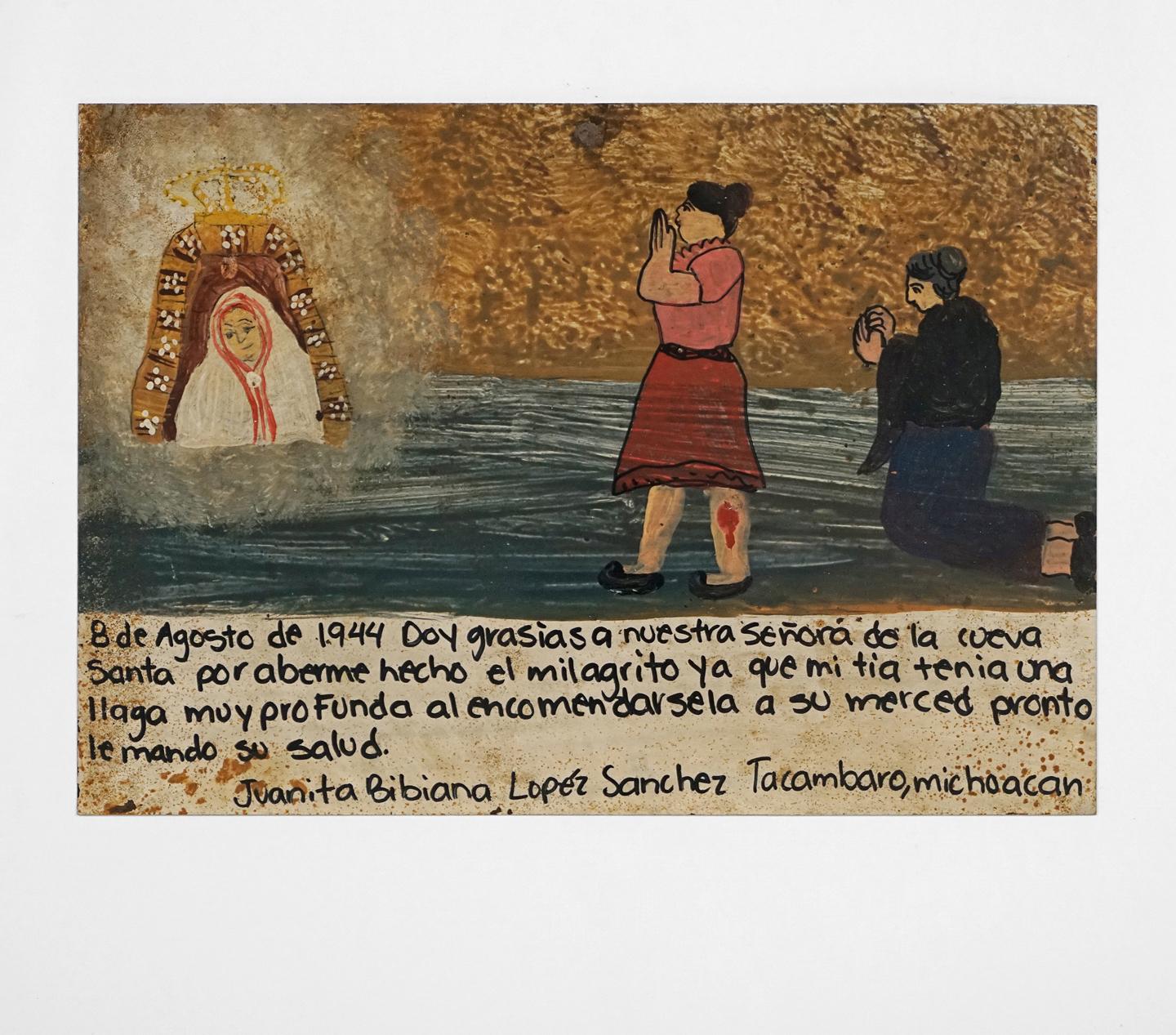 Ex-Voto, Retablo, Gemälde auf Metall, Mexiko, Our Lady of the Cave, Volkskunst – Painting von Unknown
