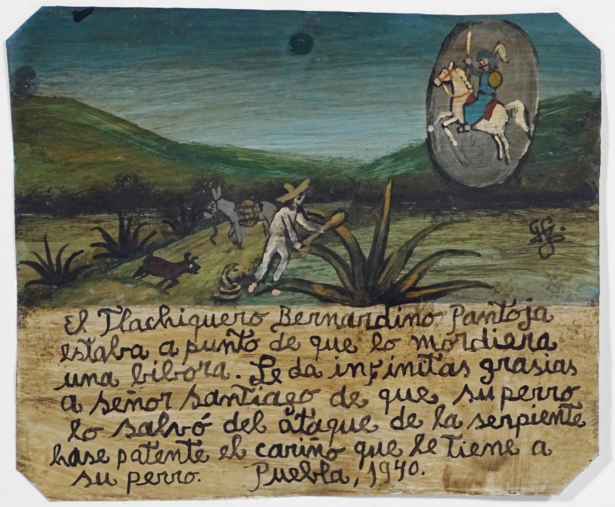 Ex-Voto, Retablo, Pintura sobre Metal, México , Oración a San Jorge, Arte Popular - Painting de Unknown