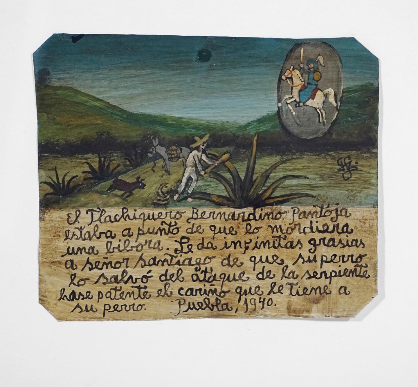 Este retablo fue adquirido por la galería de Ciudad de México.   Conocí a la familia que me vendió este retablo.  
La escritura dice
