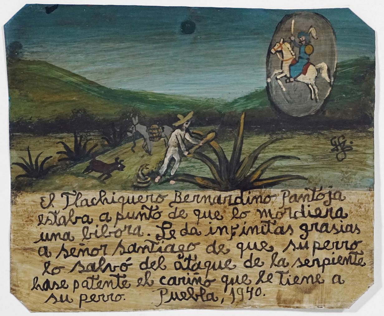 Ex-Voto, Retablo, Gemälde auf Metall, Mexiko, Gebet zum Heiligen Georg, Volkskunst – Painting von Unknown