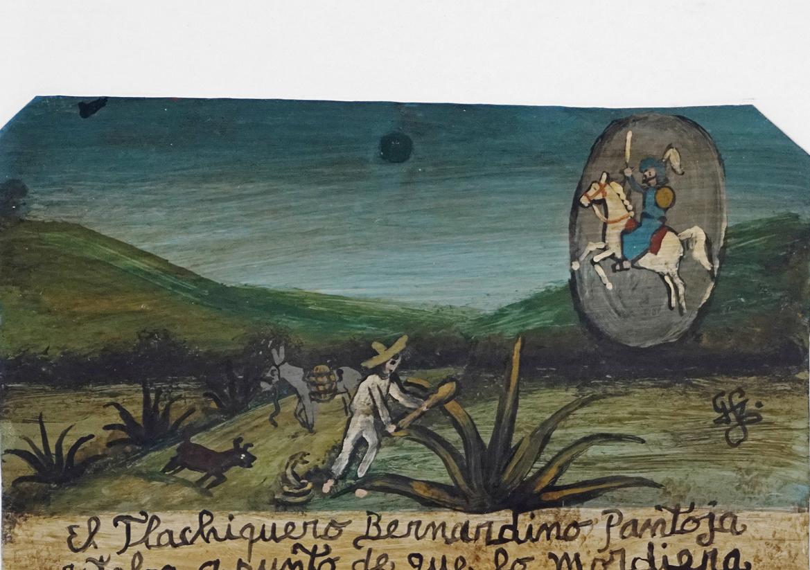 Ex-Voto, Retablo, Gemälde auf Metall, Mexiko, Gebet zum Heiligen Georg, Volkskunst (Grau), Landscape Painting, von Unknown
