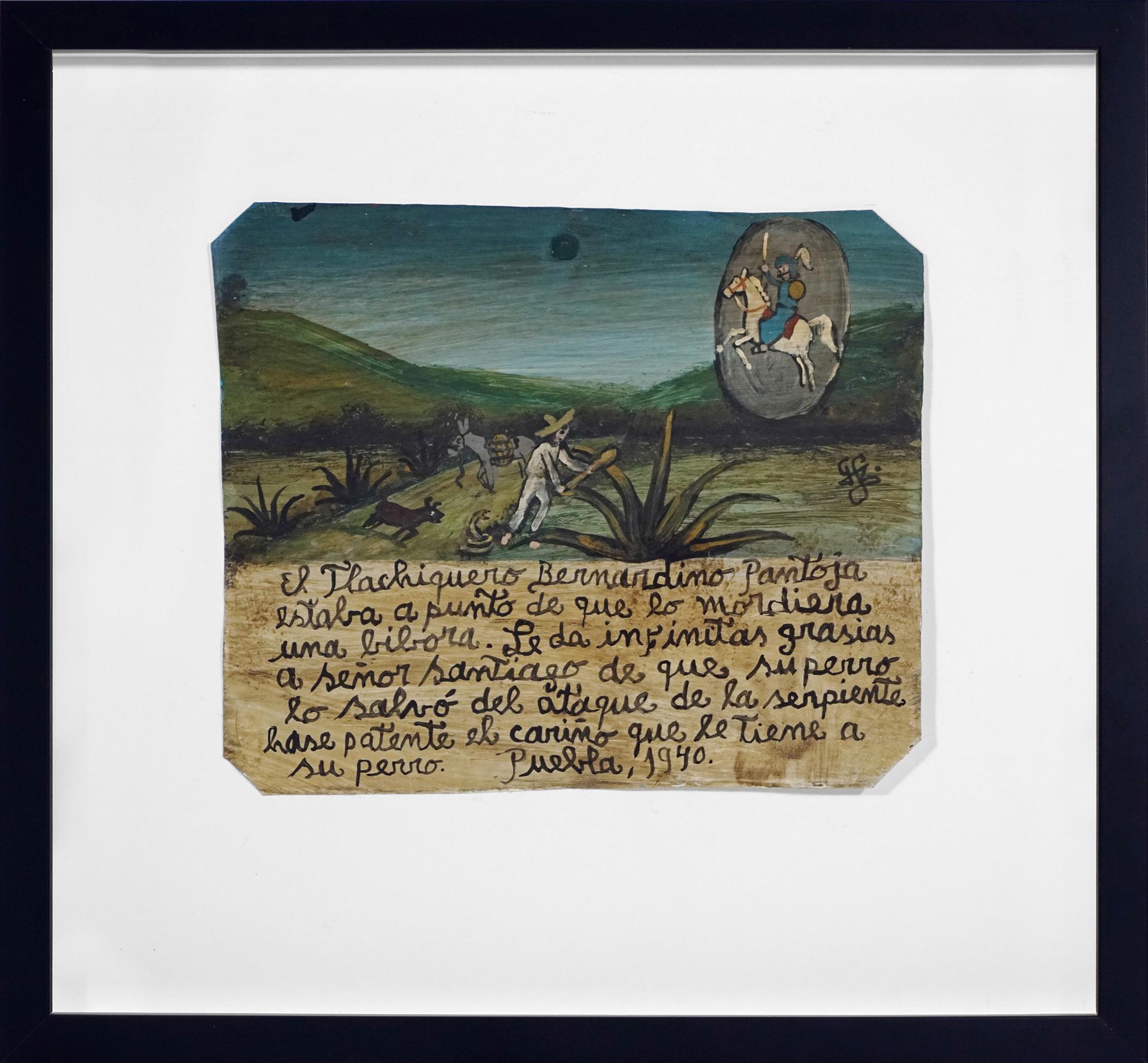 Unknown Landscape Painting – Ex-Voto, Retablo, Gemälde auf Metall, Mexiko, Gebet zum Heiligen Georg, Volkskunst