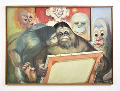 Examining the Portrait, Surreal Monkey Artist Studio Signed Oil Painting