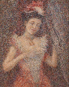 Excepcional pintura puntillista francesa - Mujer joven en el teatro, hacia 1895
