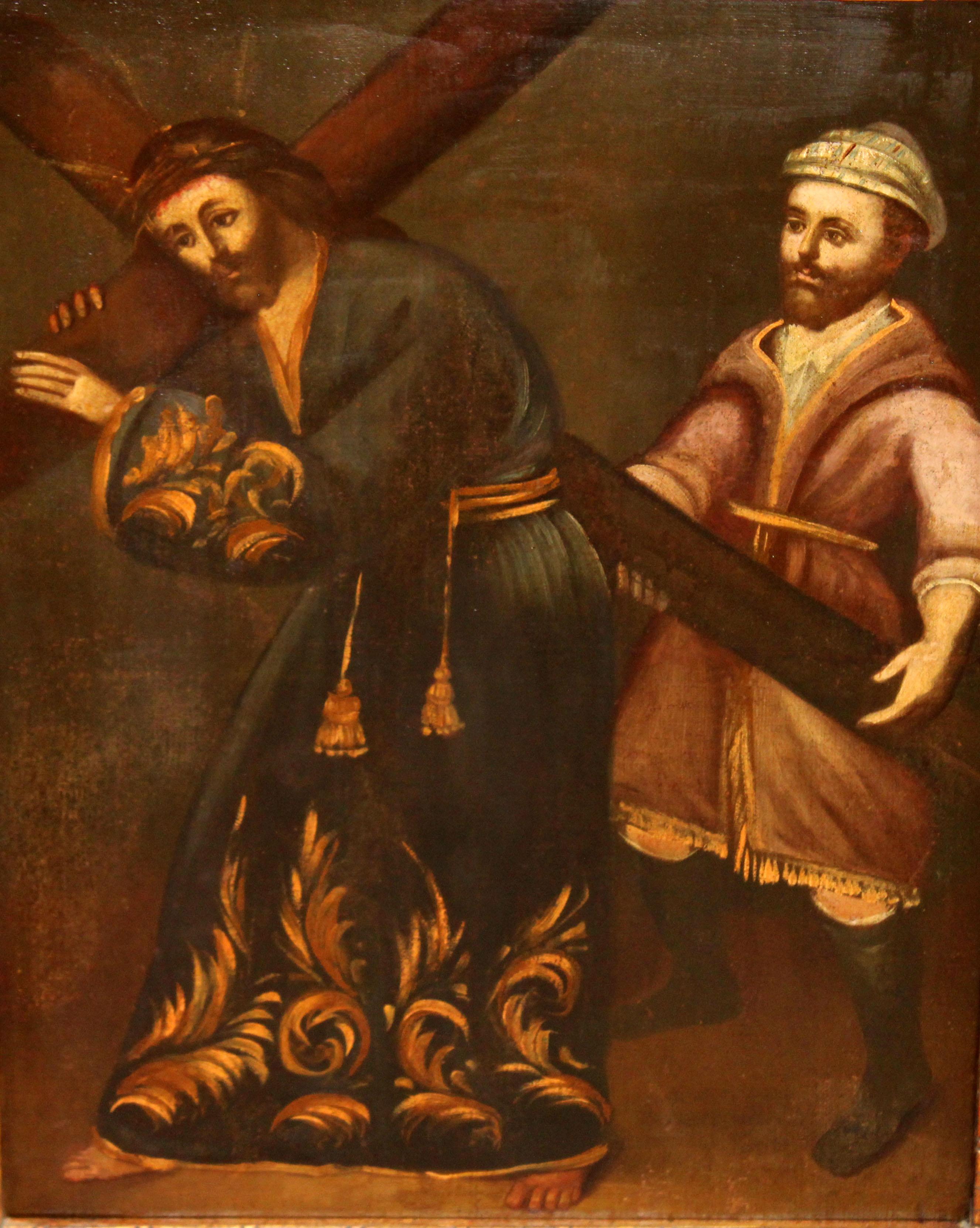 Figurative Painting di Unknown - Excuela española (XVIII) -  Jesús nazareno con la cruz - Óleo sobre tela