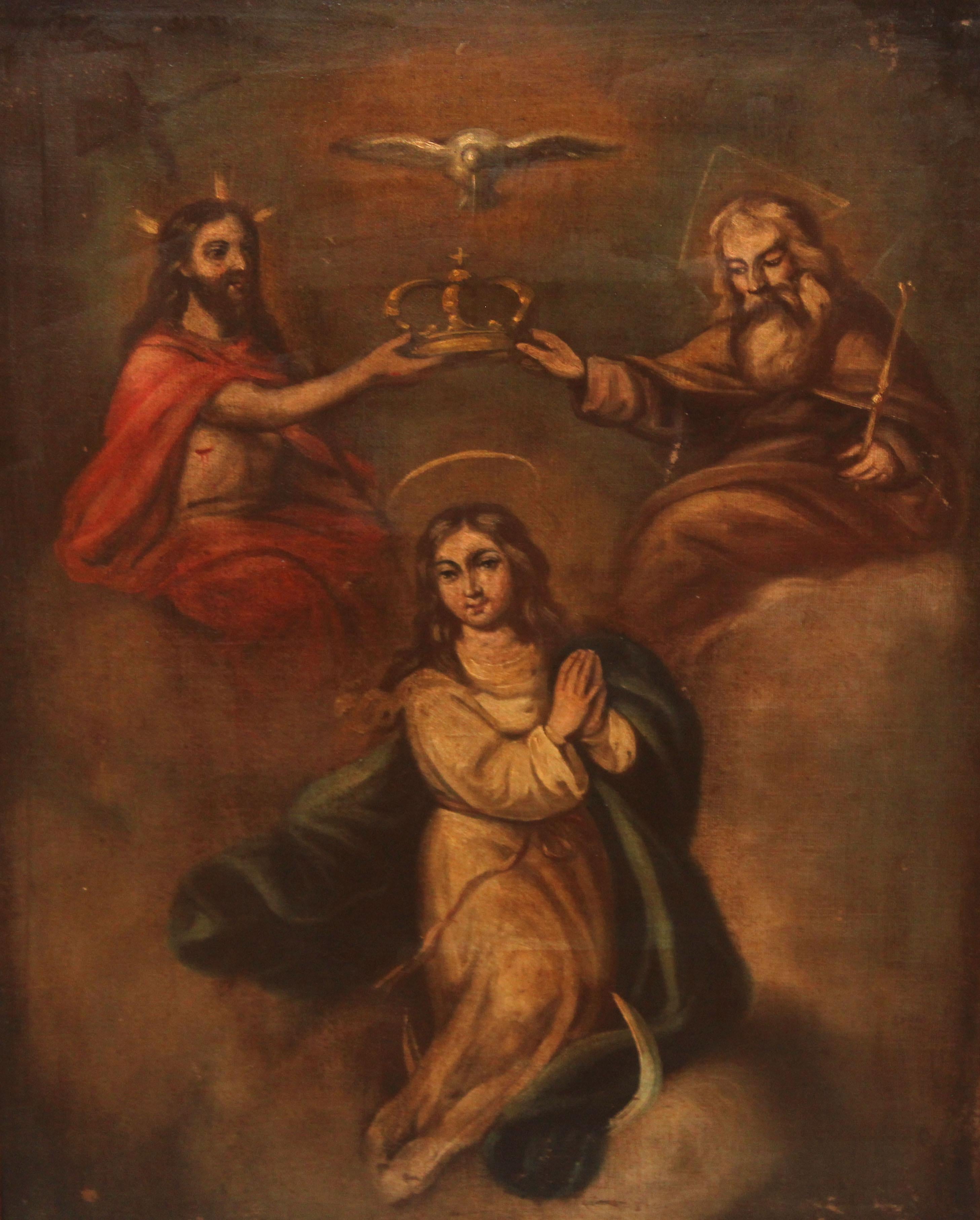 Escuela española (XVIII) -  La coronación de la virgen - Óleo sobre tela - Figurative Painting Marrón de Unknown