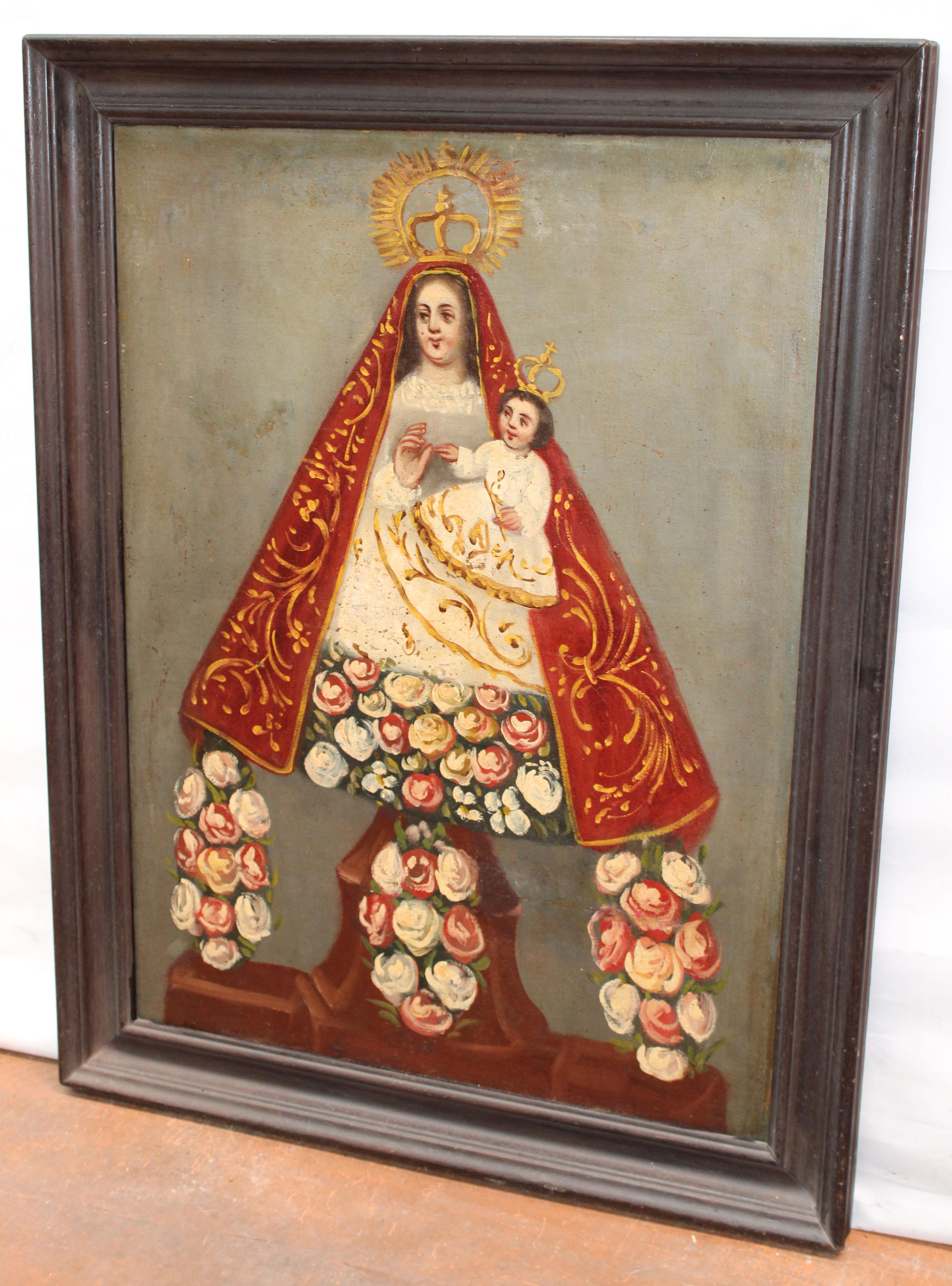 Excuela española (XVIII) -  Virgen con niño - Óleo sobre tela - Figurative Painting Marrone di Unknown