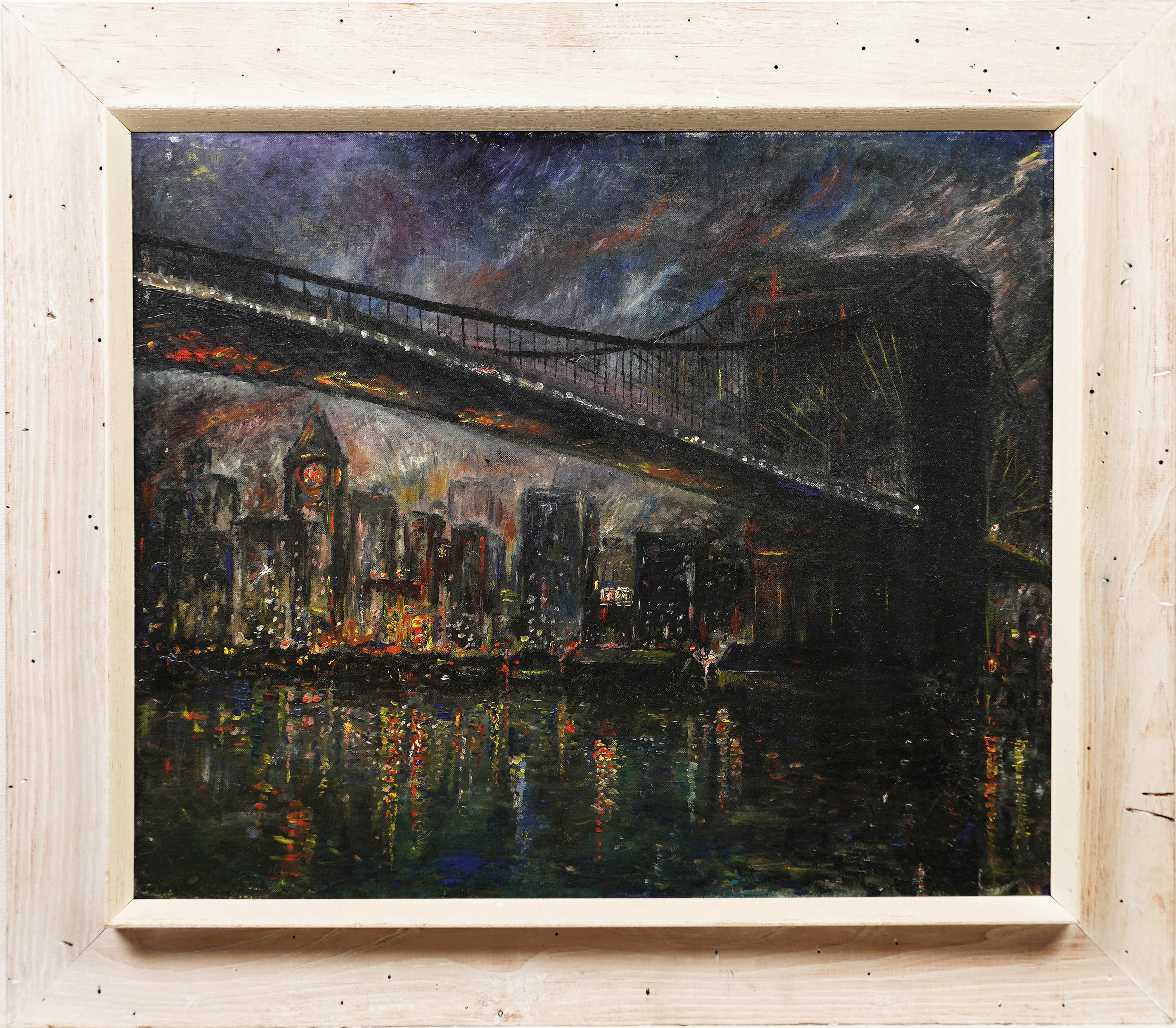 Antique American modernist nocturnal view of the Brooklyn Bridge.  Oil on board.  Signed verso.  Framed. 
