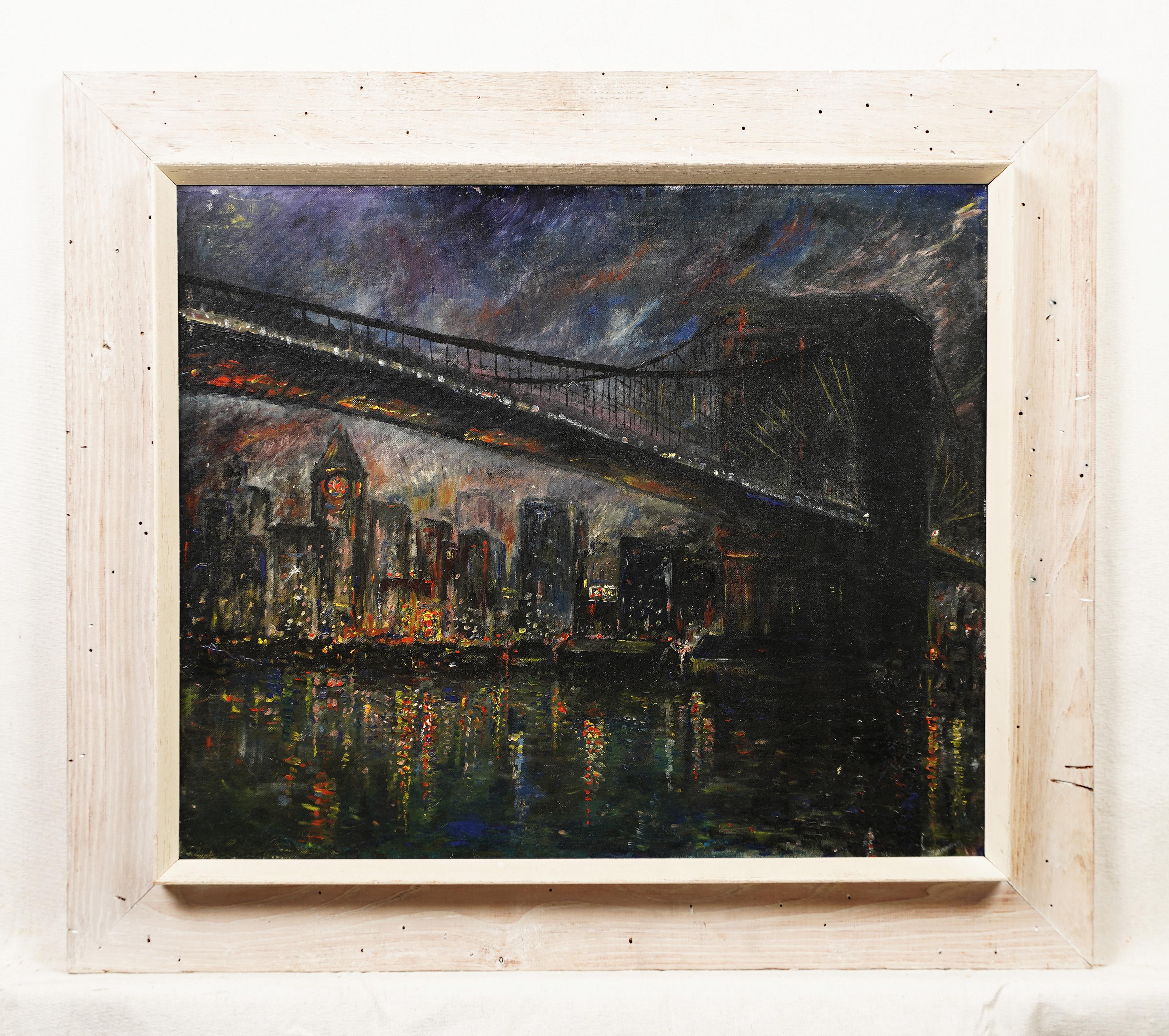 Exhibited Ashcan School Nocturnal New York City Brooklyn Bridge, Ölgemälde (Moderne), Painting, von Unknown