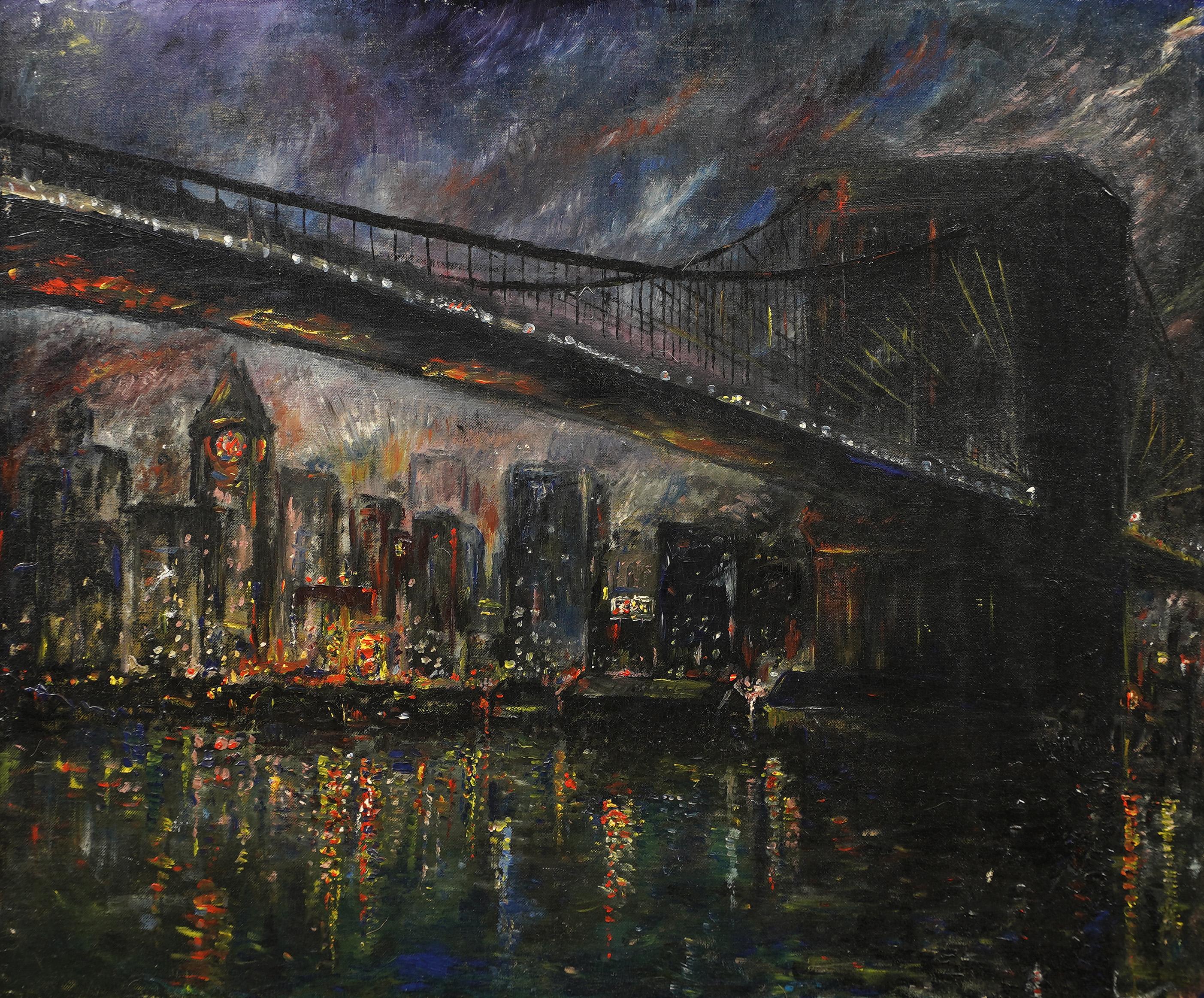 Ancienne vue nocturne moderniste américaine du pont de Brooklyn.  Huile sur planche.  Signé au verso.  Encadré. 