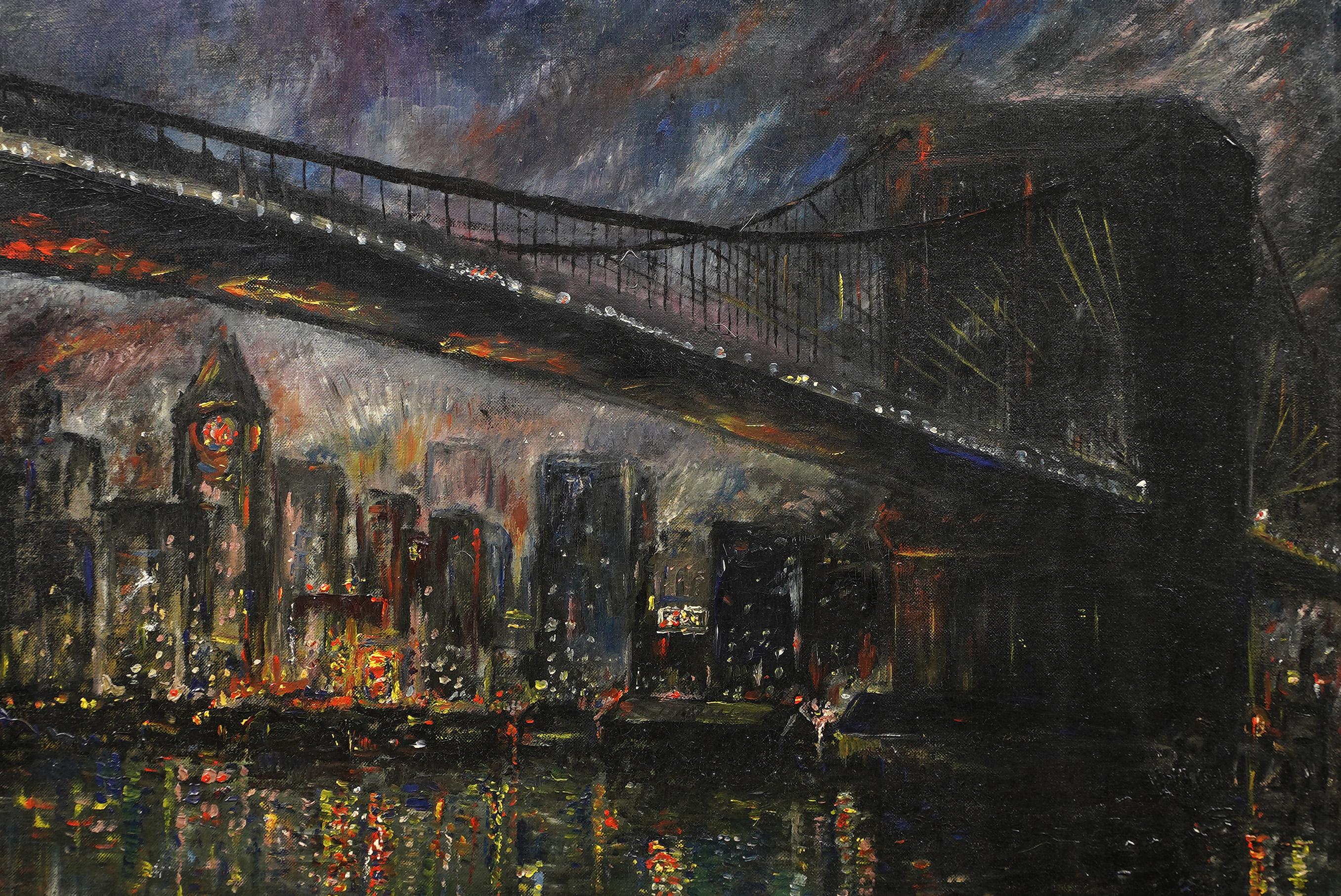Exhibited Ashcan School Nocturnal New York City Brooklyn Bridge Oil Painting For Sale 3