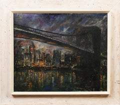 Antique Exhibited Ashcan School Nocturnal New York City Brooklyn Bridge Oil Painting