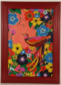 Exotic  Tropical Flowers and  Red Bird Oil Painting