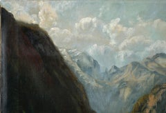 Explorer in an Alpine Landscape - Early 20th Century Oil Painting