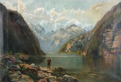 Explorer in an Alpine Landscape - Early 20th Century Oil Painting