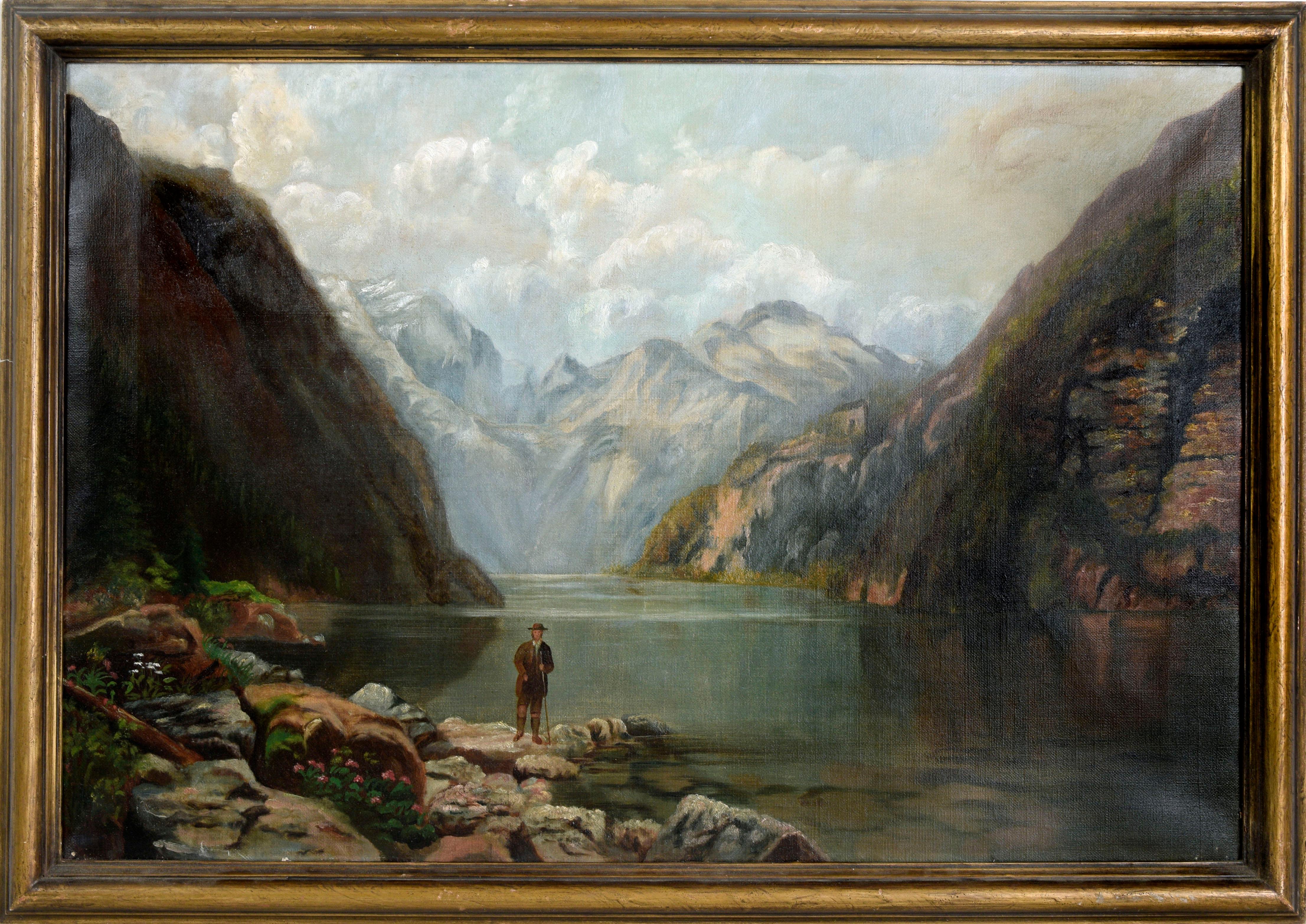 Explorer in an Alpine Landscape - Early 20th Century Oil Painting