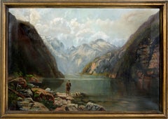 Explorer in an Alpine Landscape - Early 20th Century Oil Painting
