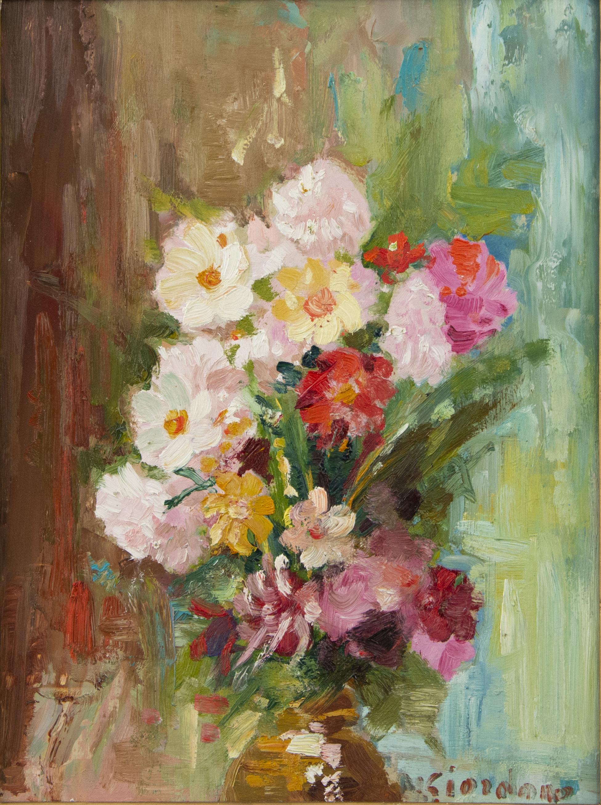 Explosion of Flowers - Oil on Panel by Italian Artist Early 20th Century