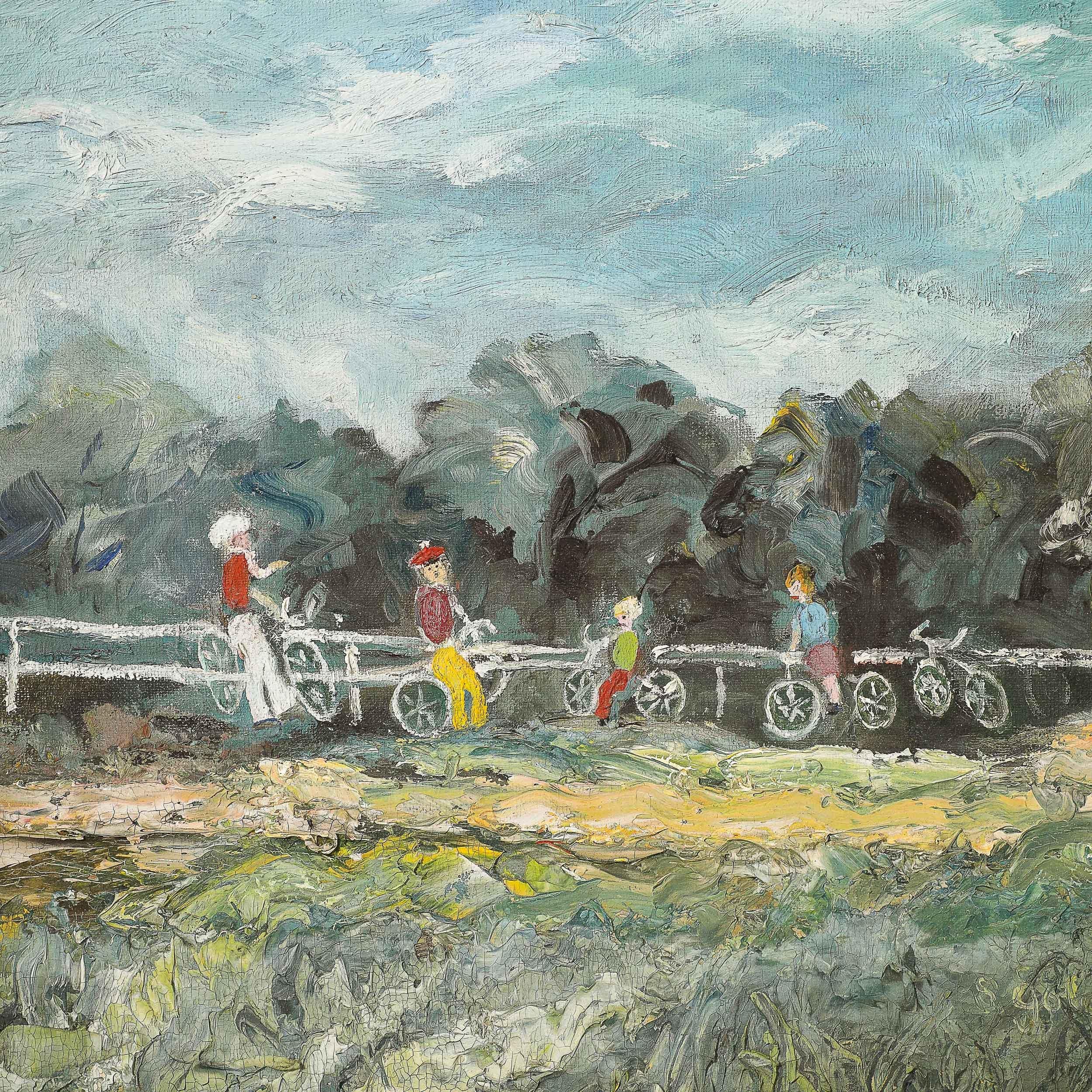Expressionist Mid-Century Landscape of Cyclists in Oil on Canvas For Sale 6