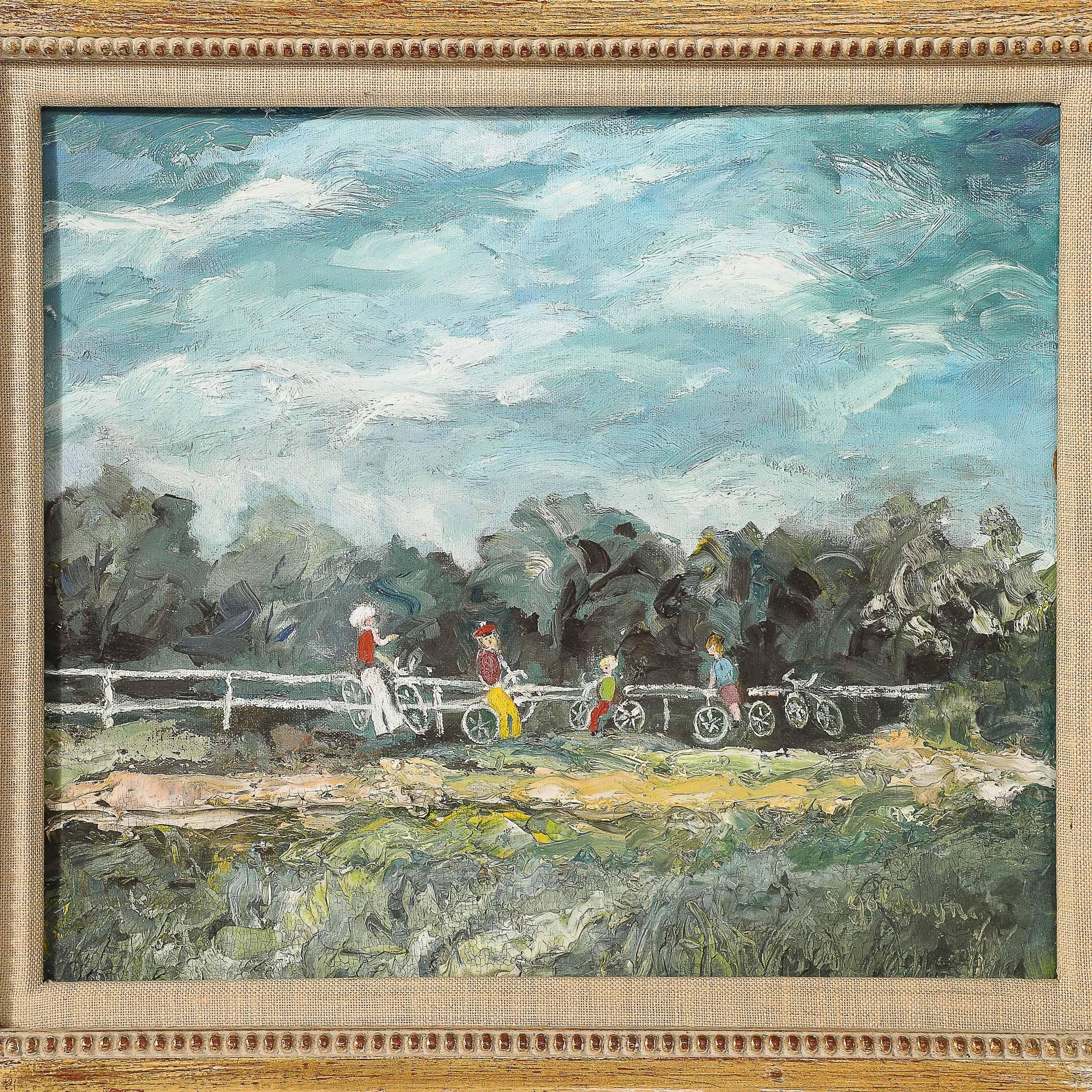 Expressionist Mid-Century Landscape of Cyclists in Oil on Canvas - Brown Landscape Painting by Unknown