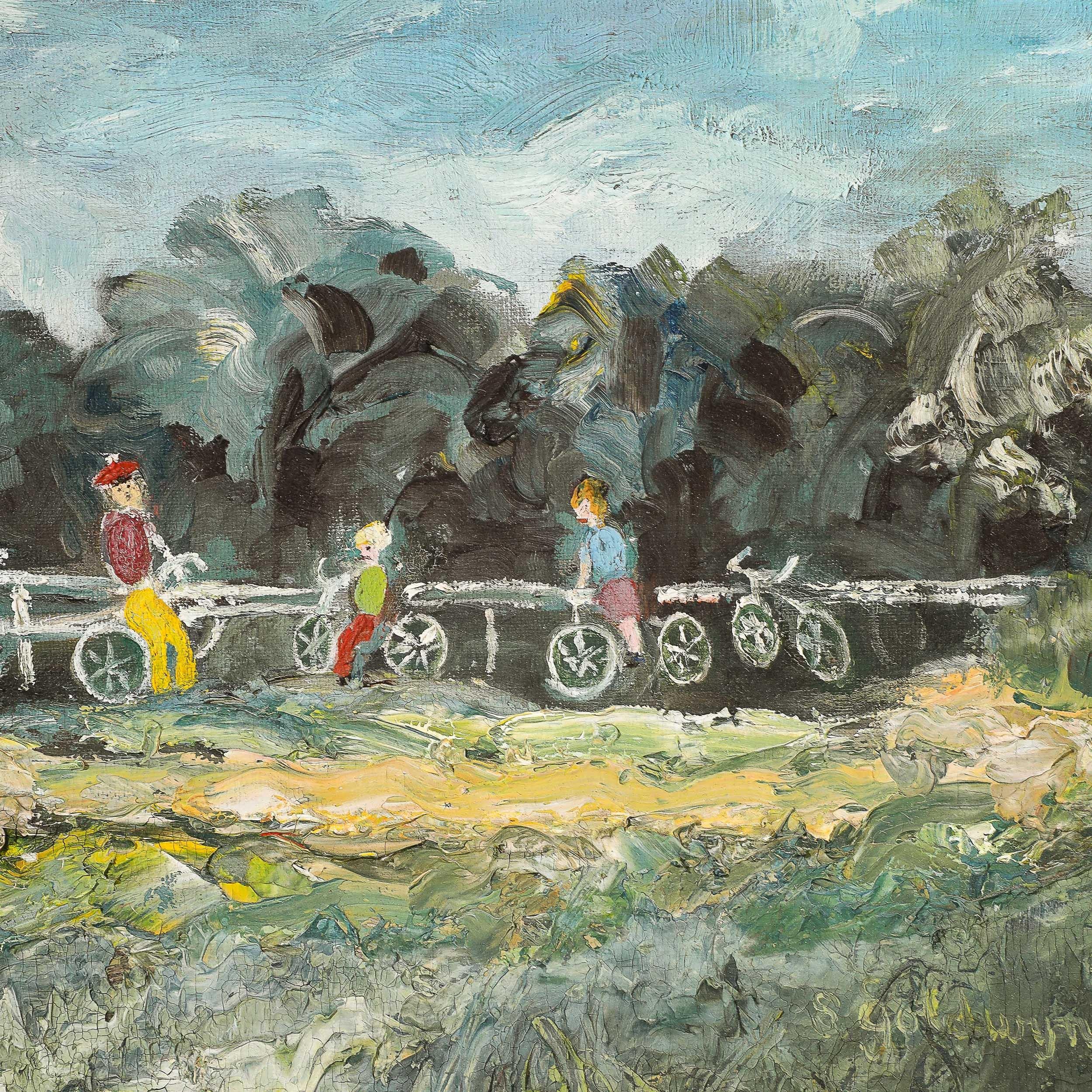 Expressionist Mid-Century Landscape of Cyclists in Oil on Canvas For Sale 2