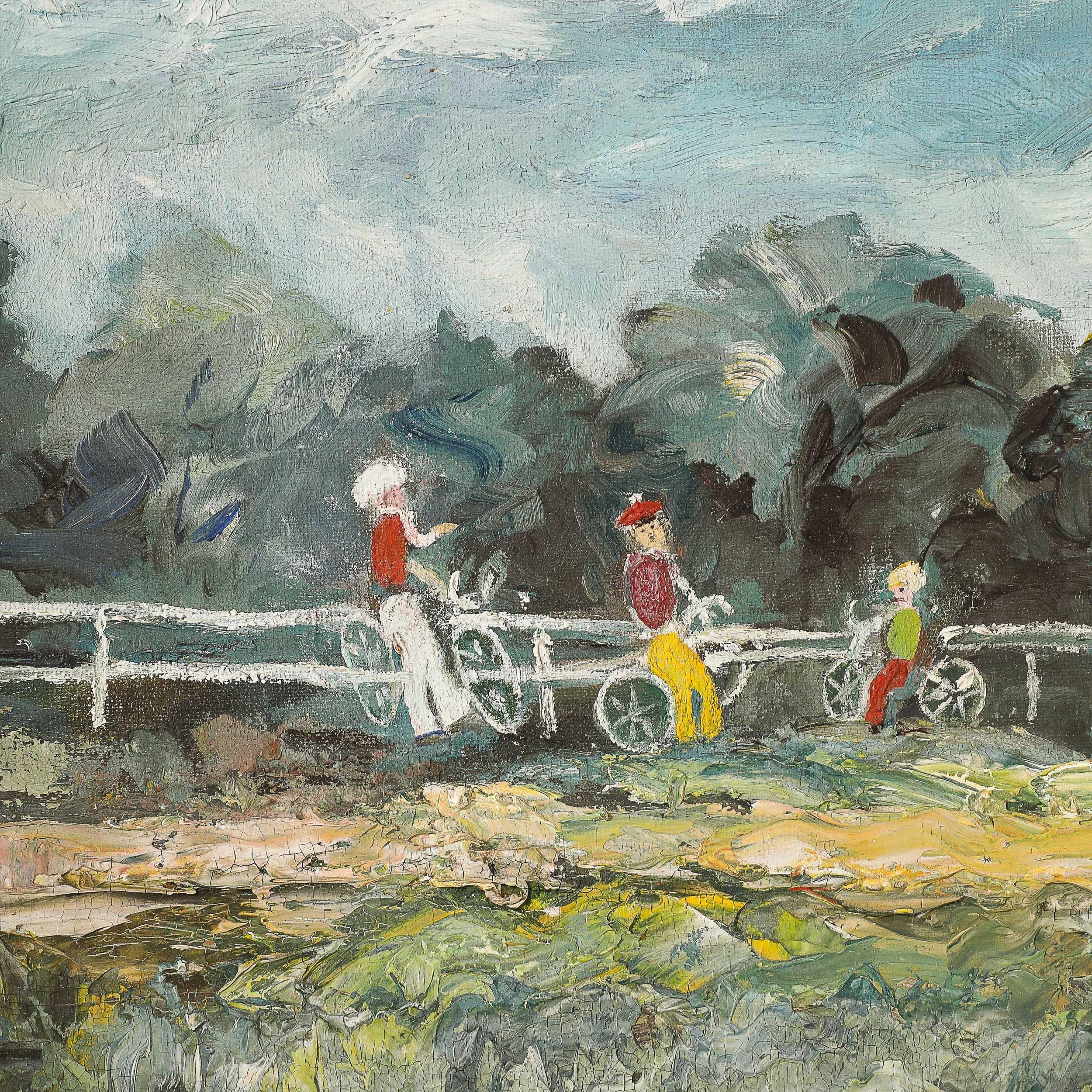 Expressionist Mid-Century Landscape of Cyclists in Oil on Canvas For Sale 3