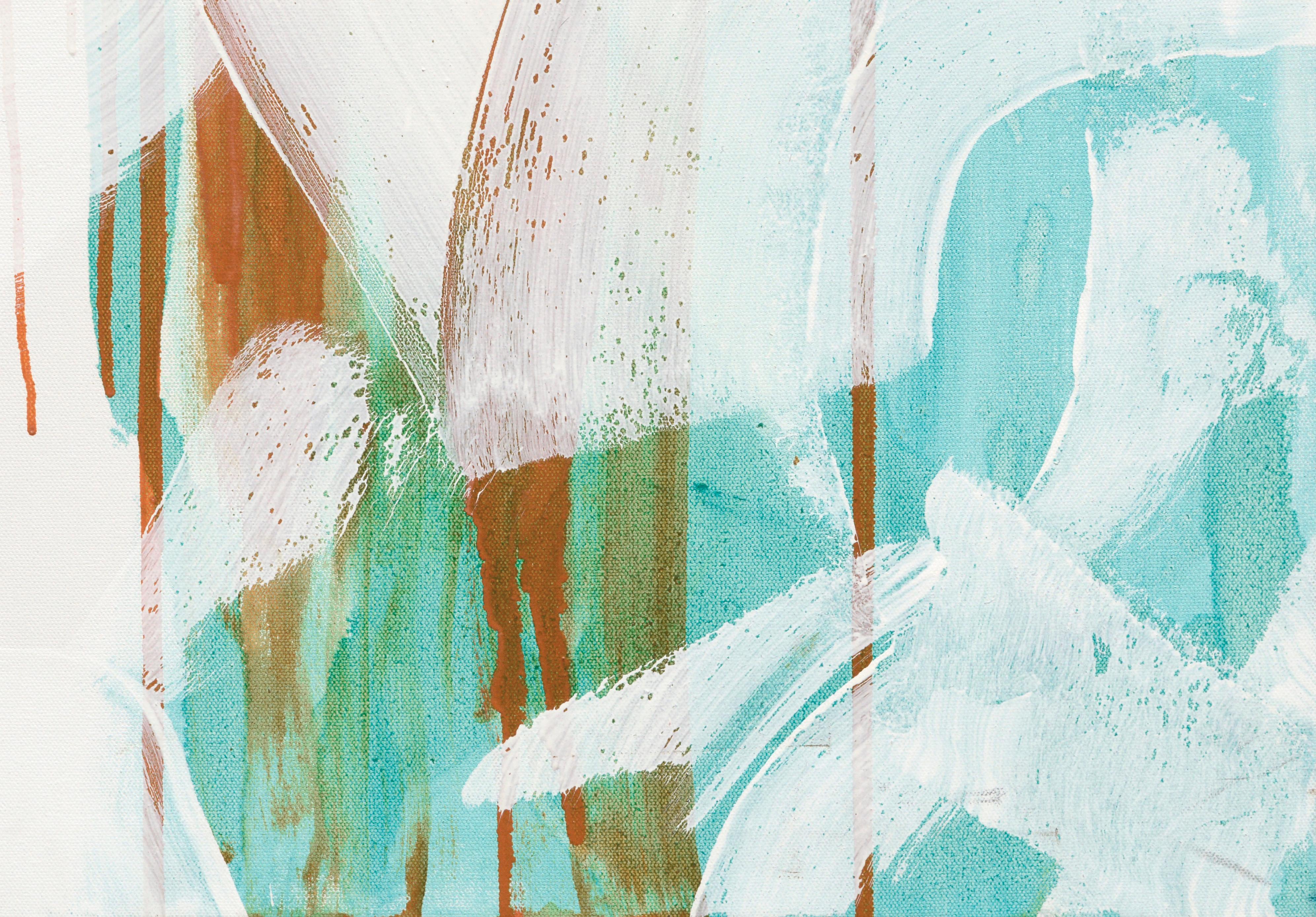 Expressive Teal, White, and Orange Abstract in Acrylic on Canvas

Expressive abstract composition by an unknown artist (20th Century). An under layer of teal creates a bright base. Semi-transparent white is painted over the top, in broad, expressive
