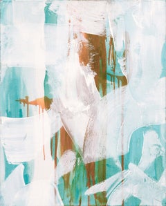 Expressive Teal, White, and Orange Abstract in Acrylic on Canvas