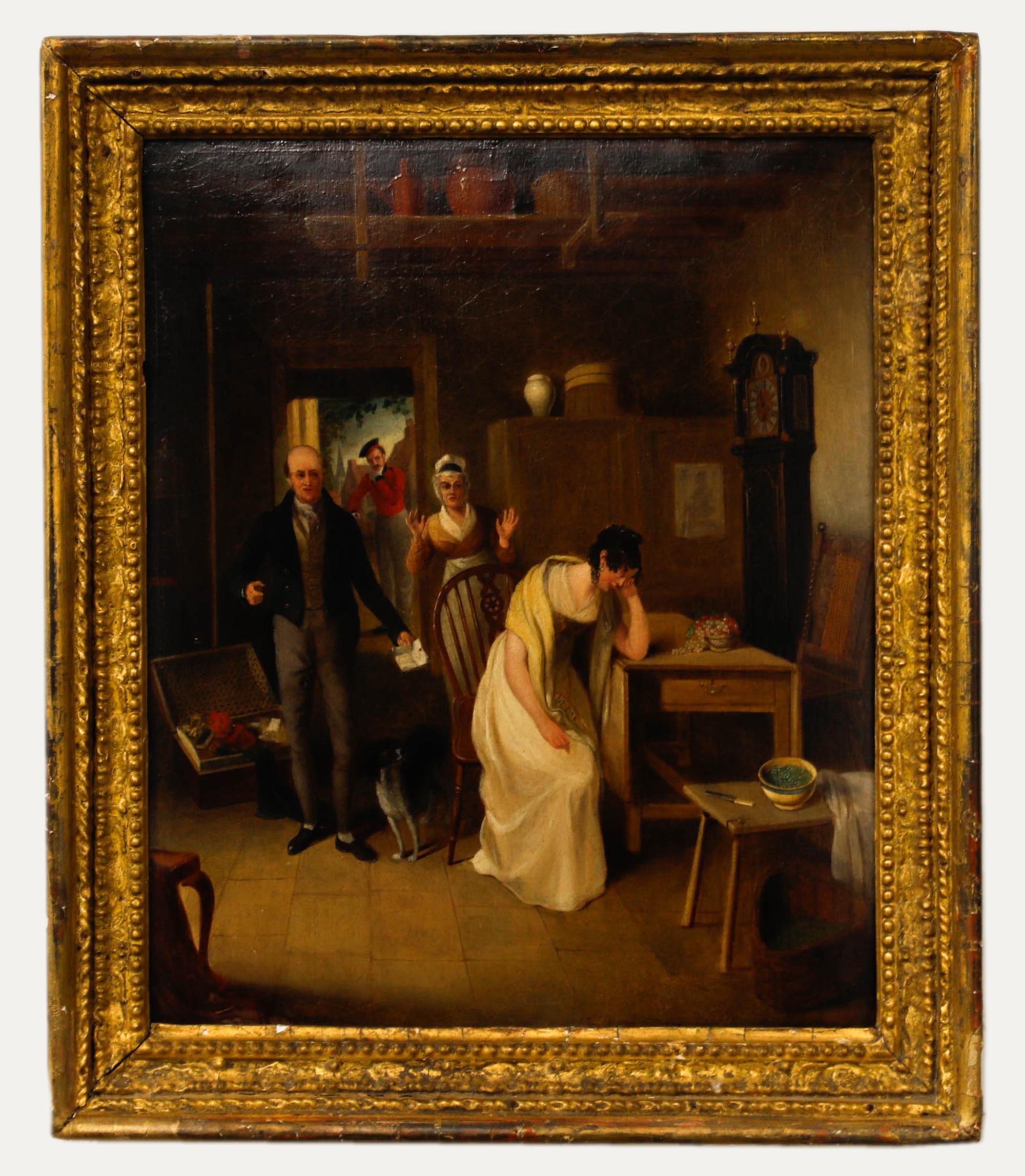 Unknown Figurative Painting - Exquisite 19th Century Oil - The Bearer of Bad Tidings