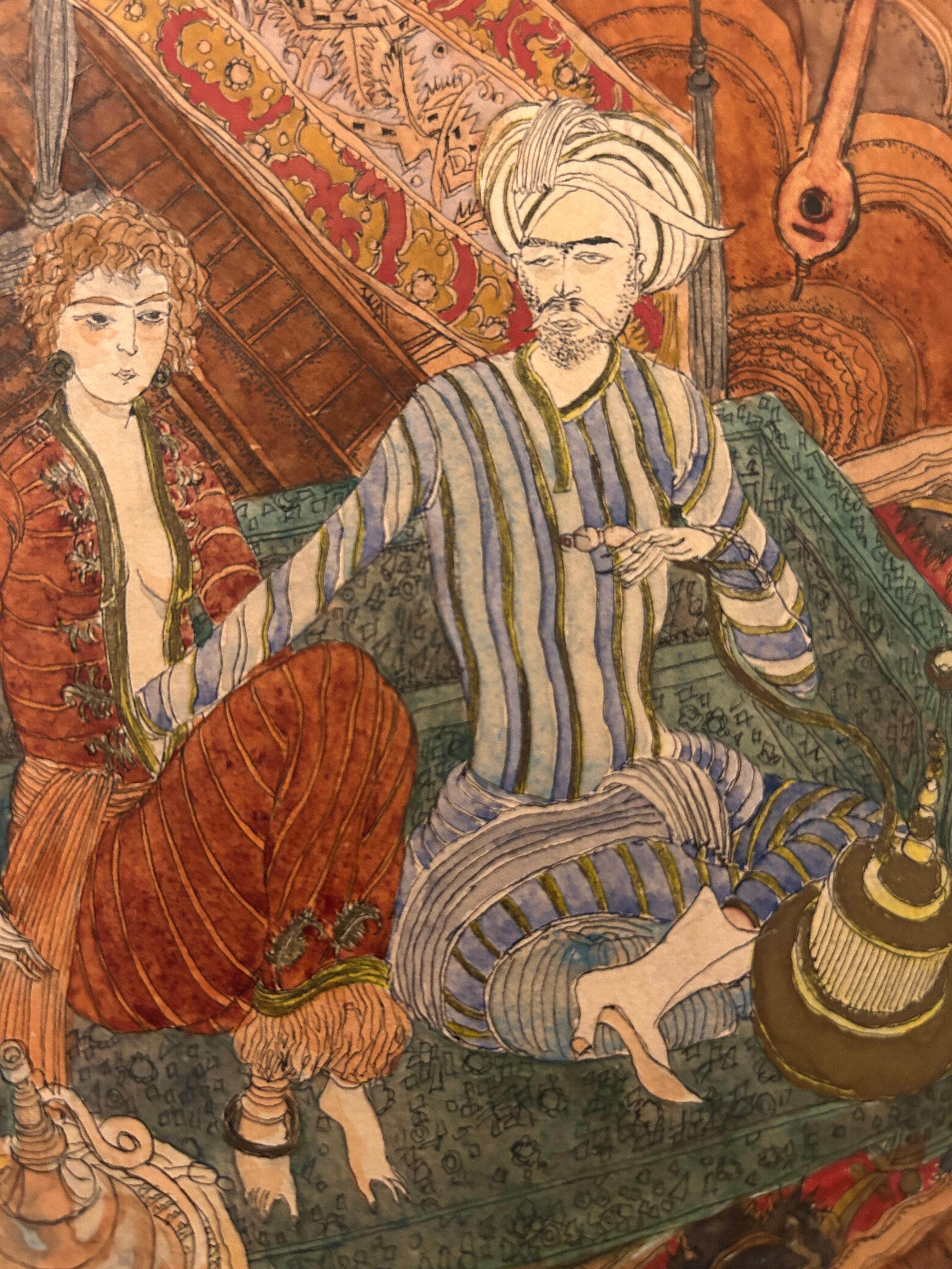 Exquisita India Miniatura Persa Ilustración Europea Erótica Firmada 1921 - Art Otro estilo de arte de Unknown