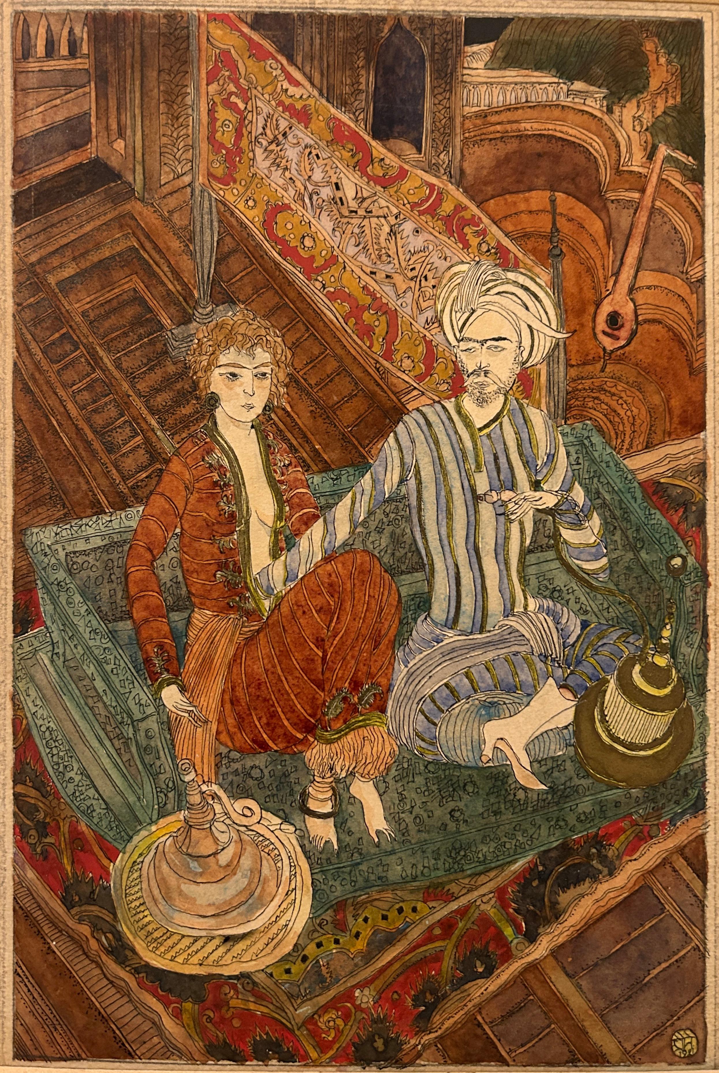 Exquisita India Miniatura Persa Ilustración Europea Erótica Firmada 1921 - Art de Unknown