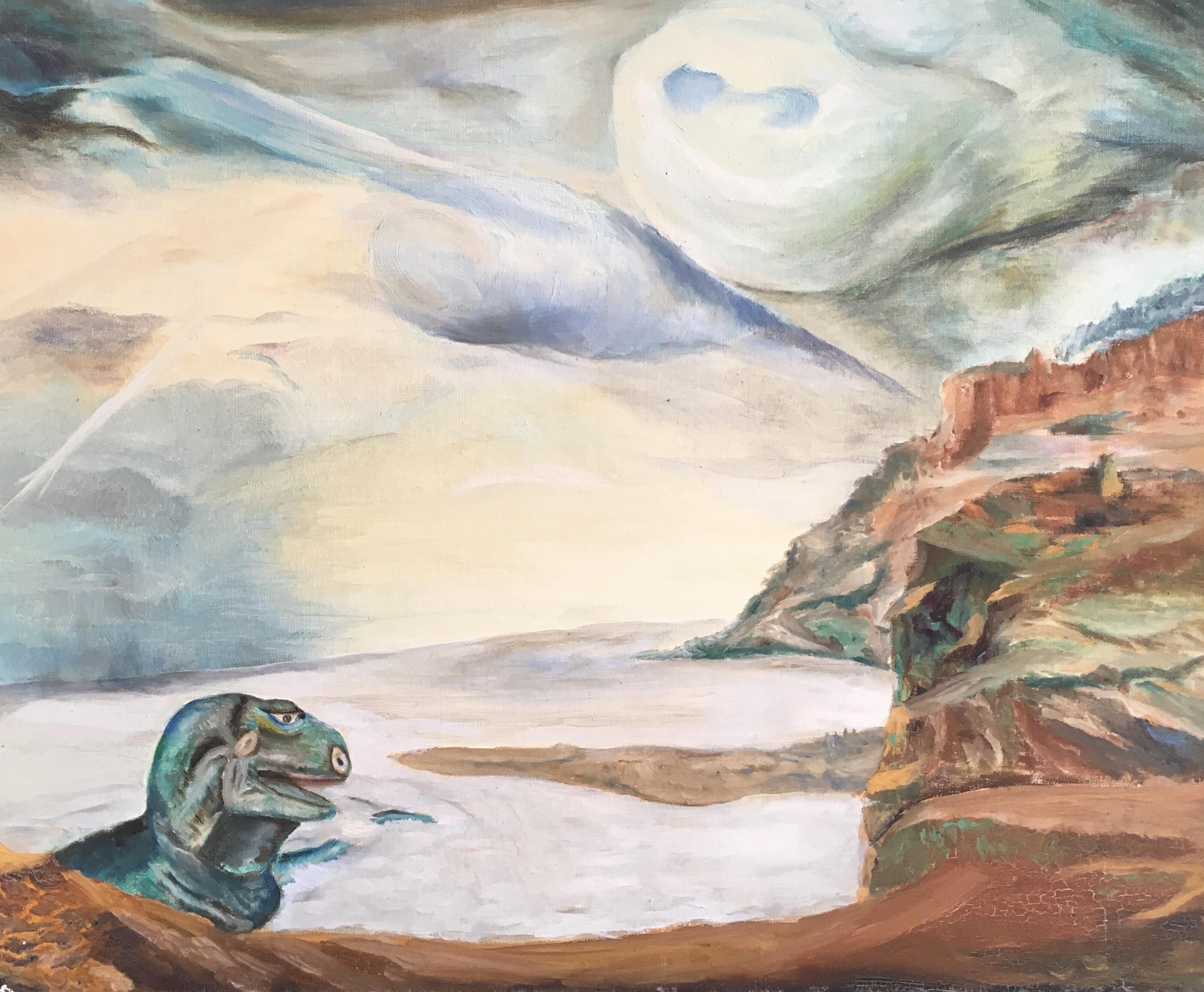 Unknown Landscape Painting - Extinction, Stylised Surrealist Oil Painting