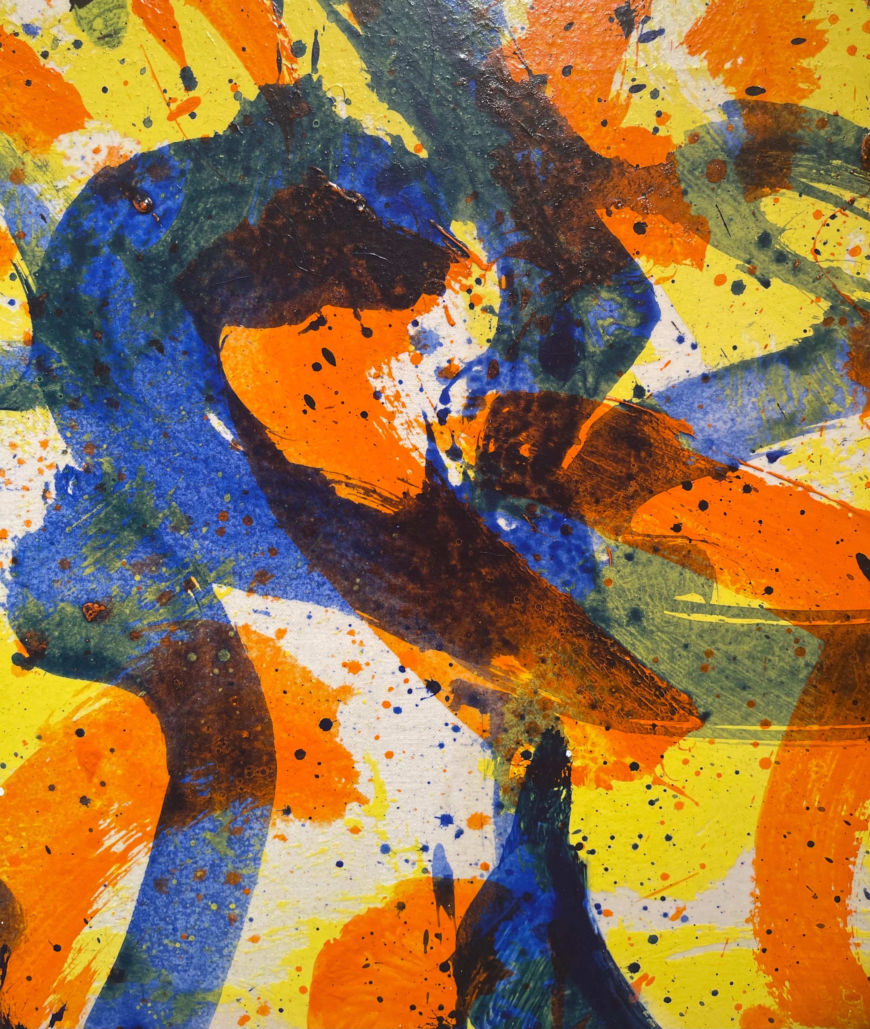 Extra große bunte und lebendige moderne abstrakte in gelb, orange und blau (Braun), Abstract Painting, von Unknown