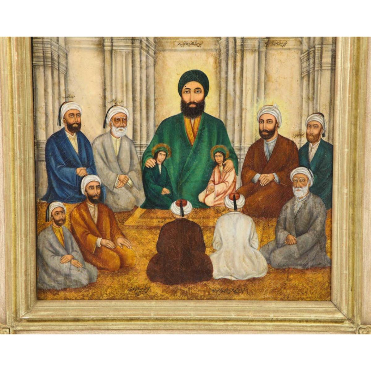 An extremely fine and rare Islamic Qajar dynasty portrait oil on canvas painting of Prophet Mohammad, signed and dated, 1883.  

This rare, historic, Persian painting captures fine painted portraits of Prophet Mohammad, his son in law Ali, his two