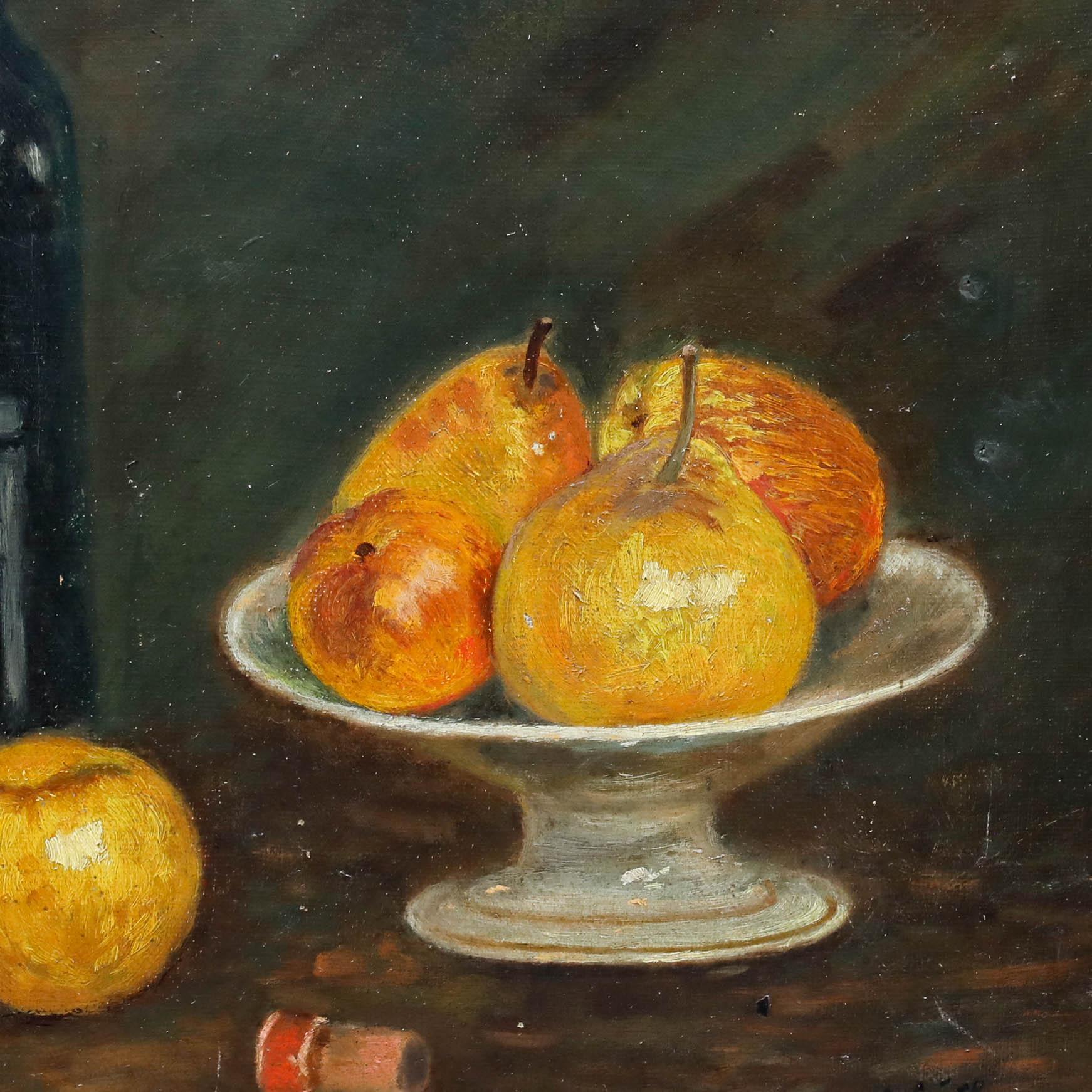 This classic still life painting captures a carefully arranged composition of fruit and wine on a table, with corked wine bottle, apples and pears. Well presented in a distressed cream and gilt frame. Signed to the lower right. On canvas on
