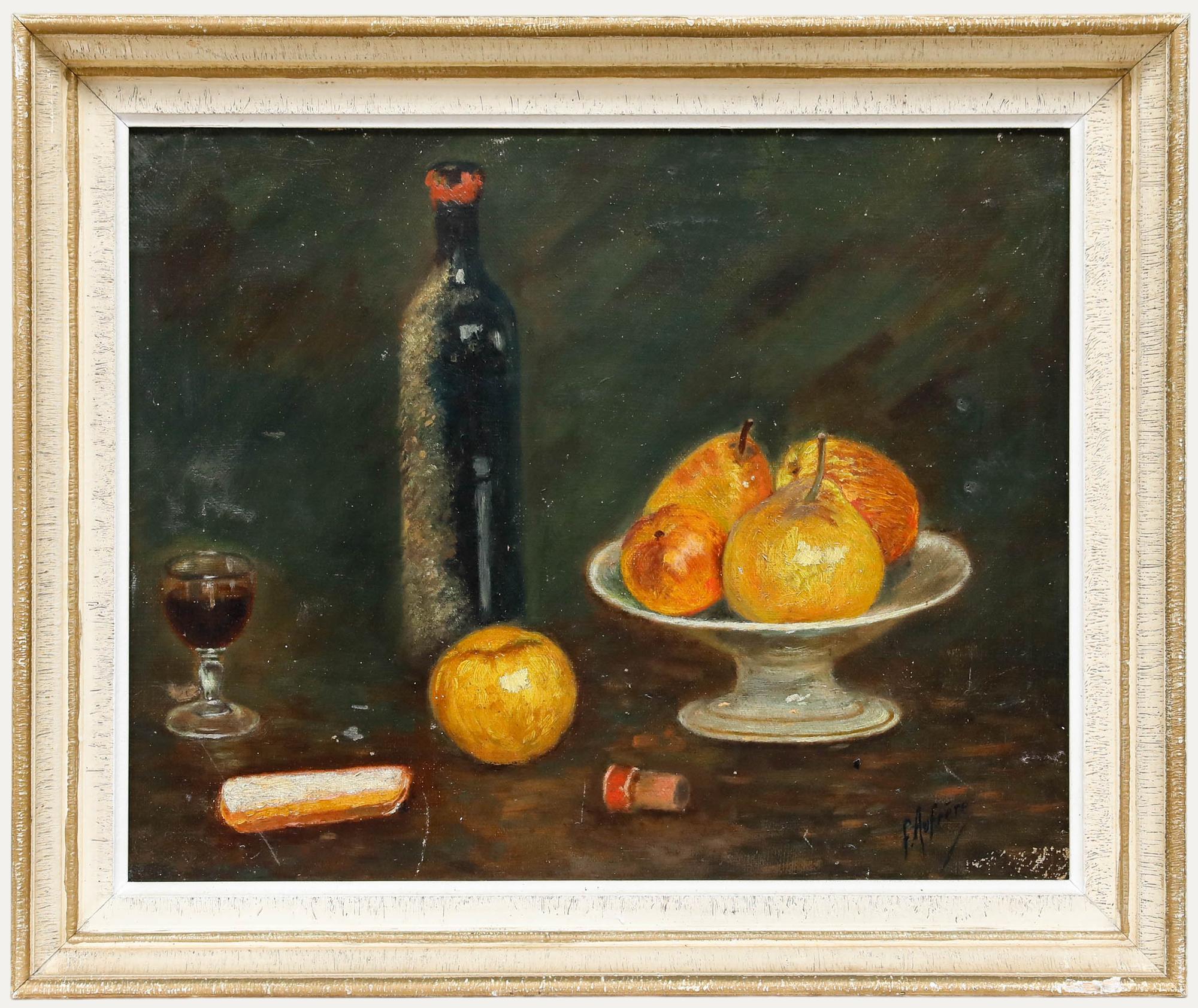 Unknown Still-Life Painting - F. Aufrere - Framed 20th Century Oil, Still Life with Apples & Pears